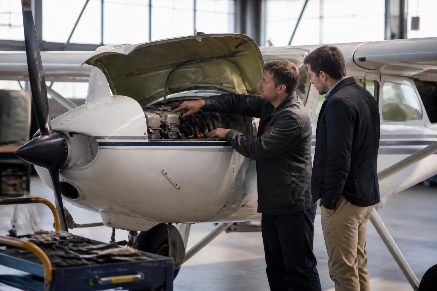 Prospective aircraft buyer and mechanic reviewing an aircraft in a hangar
