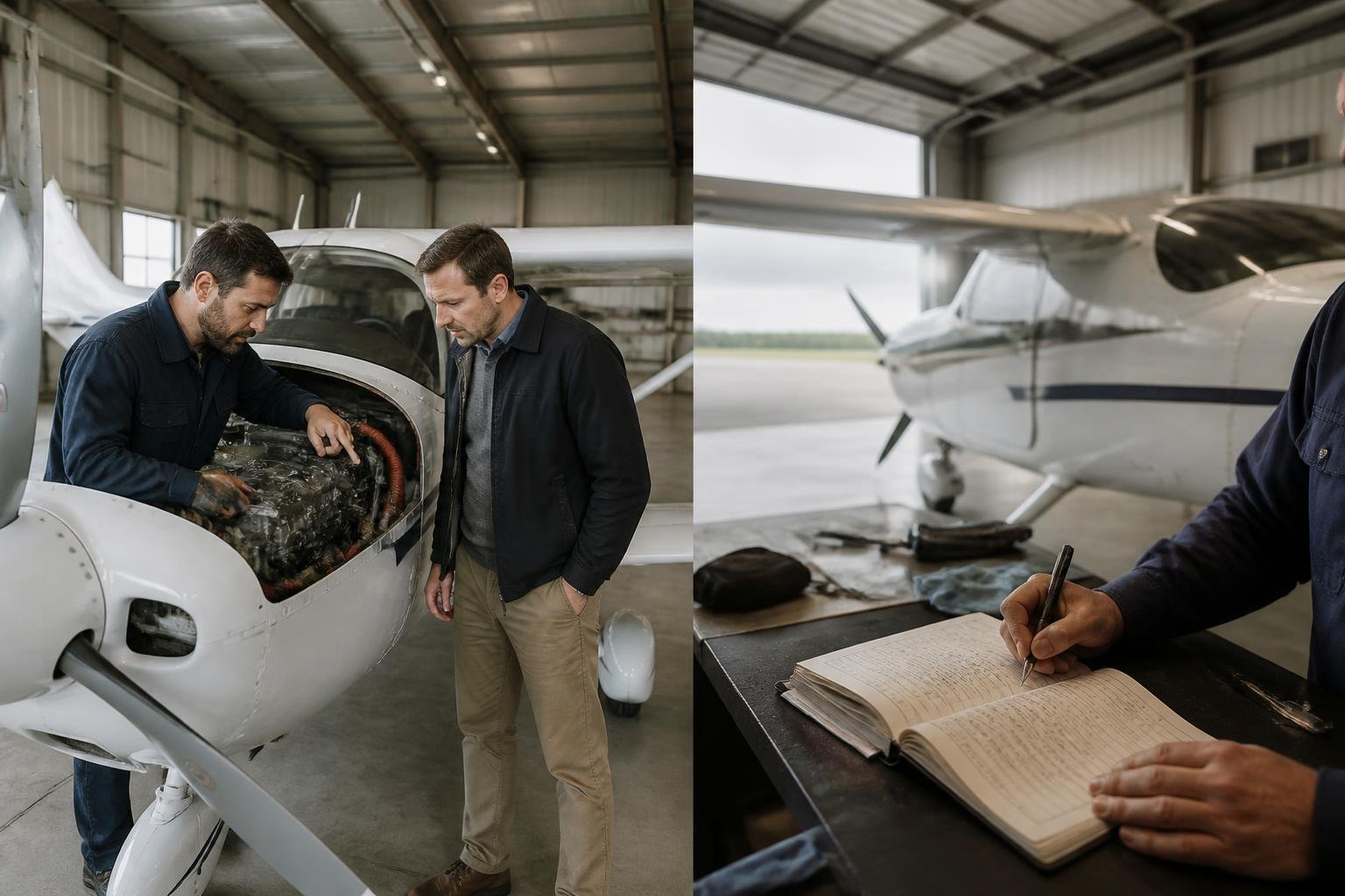 Prospective aircraft buyer and mechanic reviewing a light aircraft in a hangar