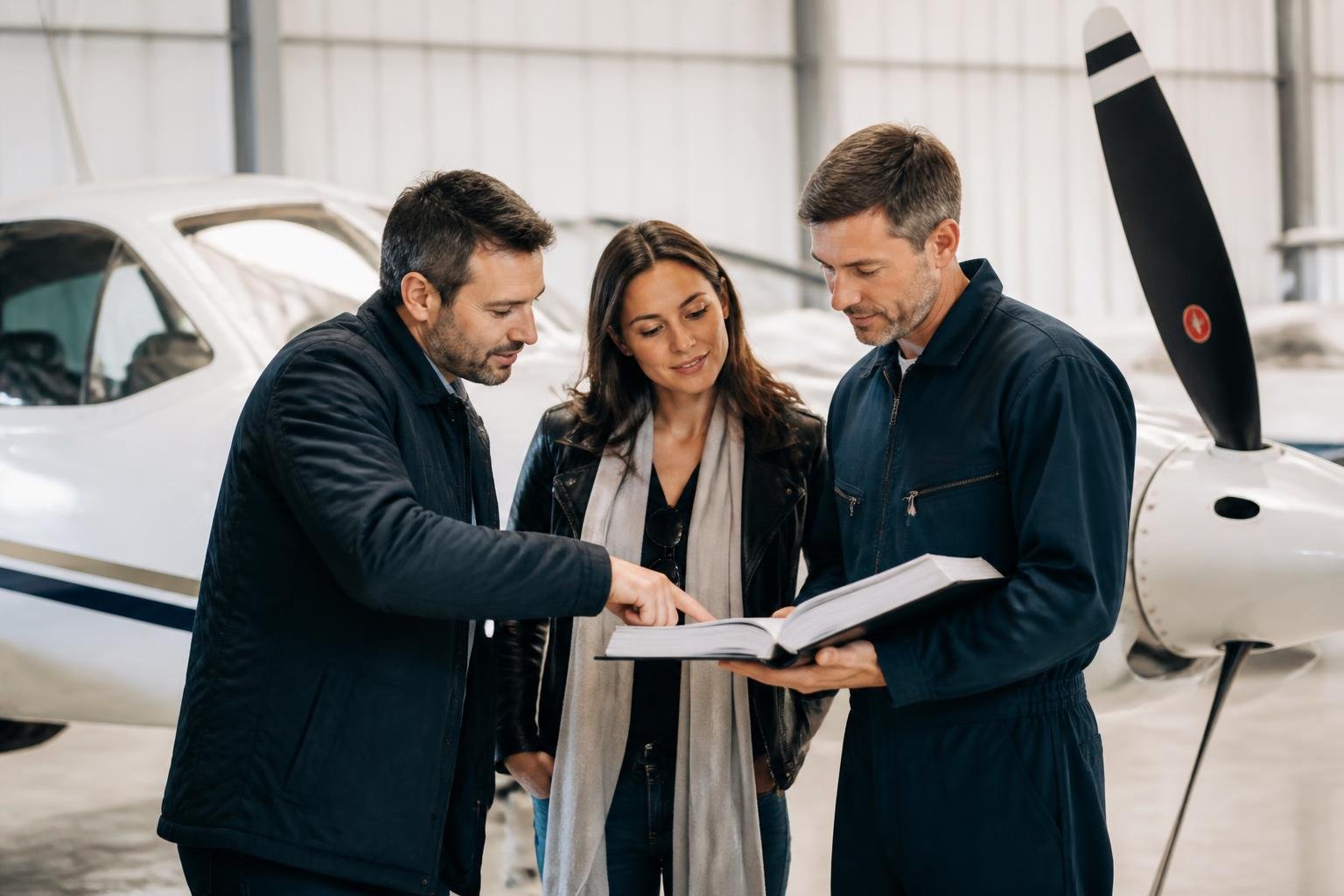 Buyer and maintenance professional discussing an aircraft inspection plan