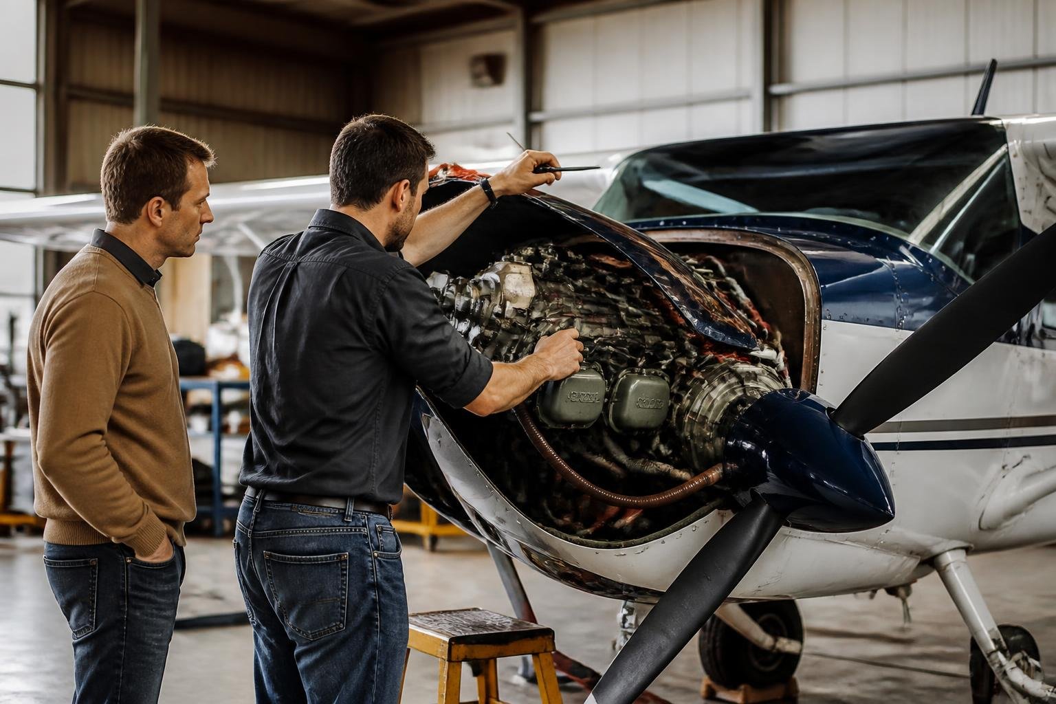 Mechanic inspecting an aircraft engine during a buyer’s pre-buy evaluation