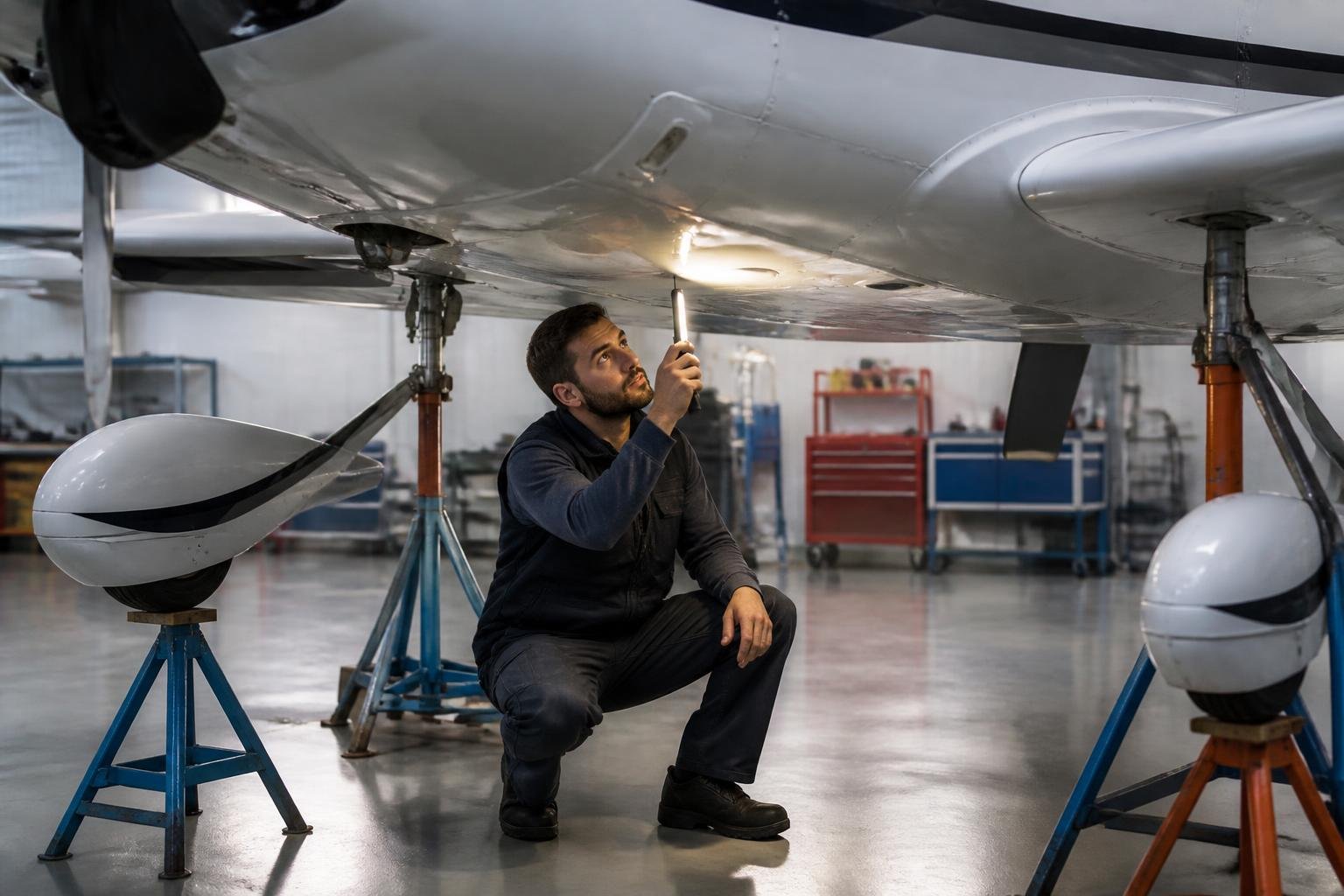 Technician conducting a detailed inspection beneath a light aircraft