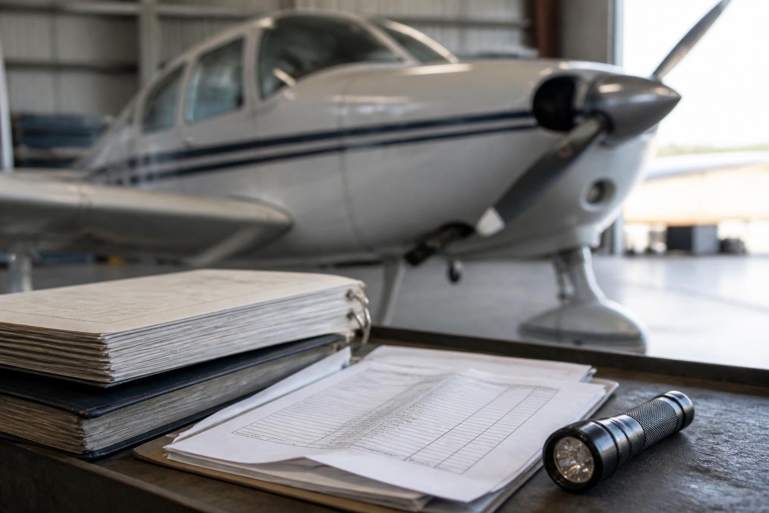 Maintenance records and inspection tools prepared for aircraft purchase due diligence