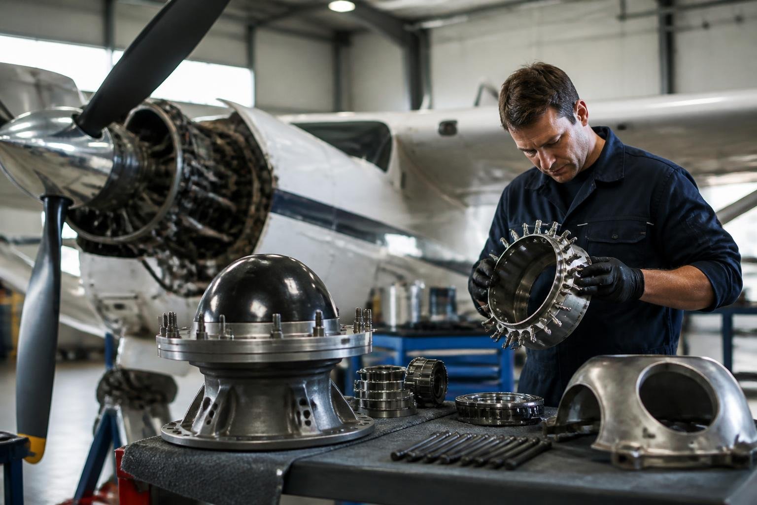 Aircraft propeller and engine components under inspection