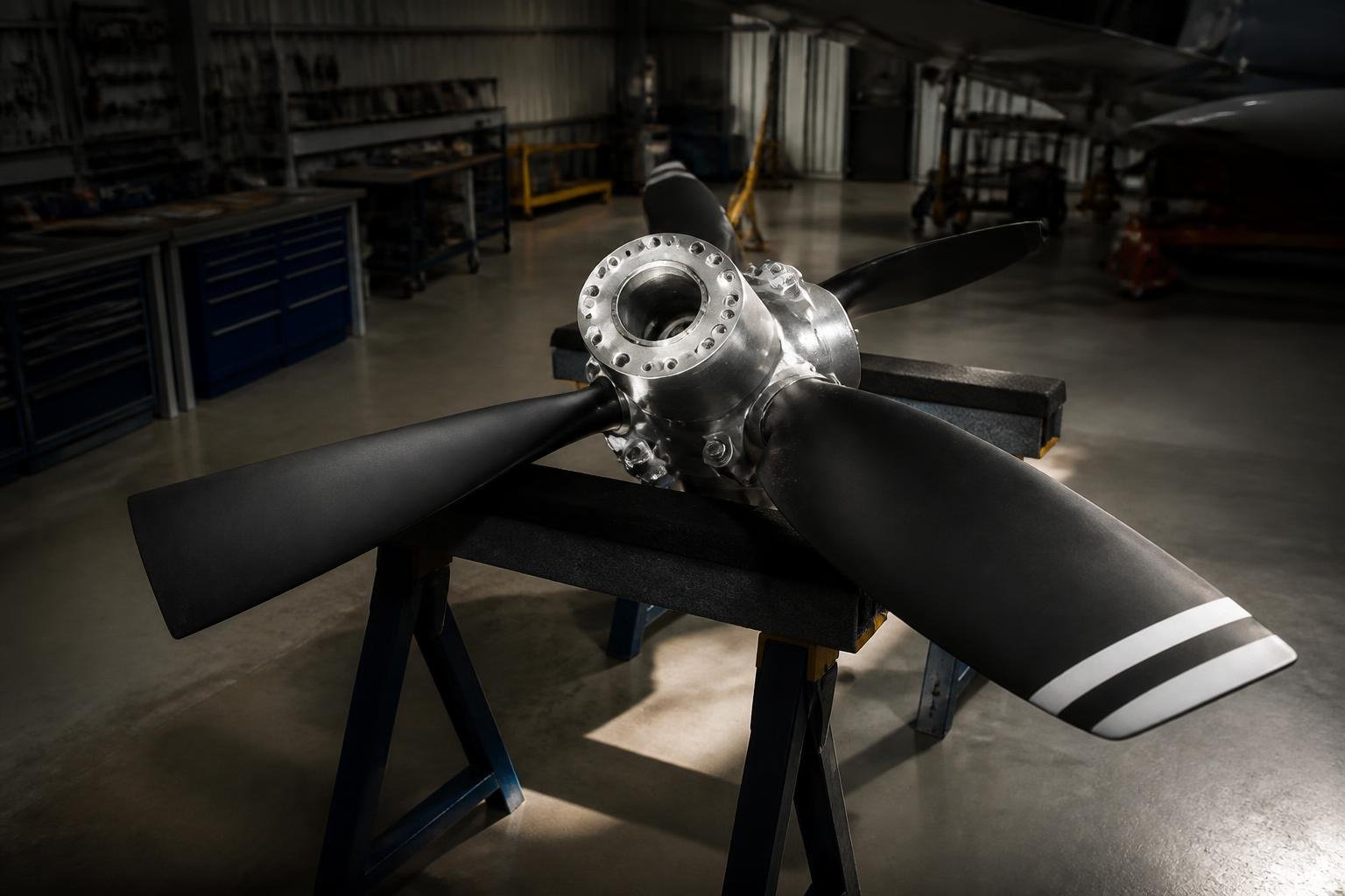 Aircraft propeller on stands in a maintenance workshop