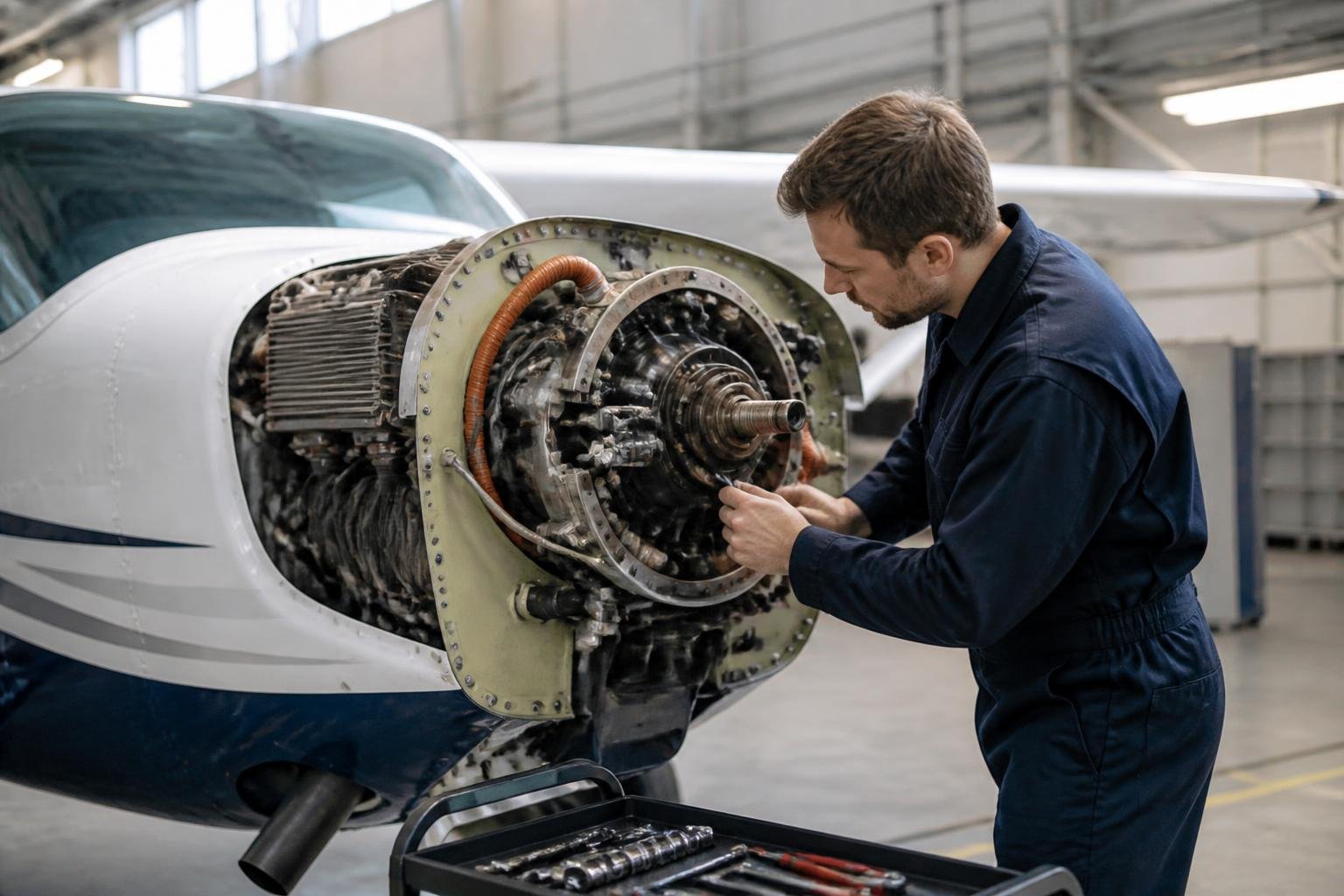Mechanic inspecting an aircraft engine with propeller removed
