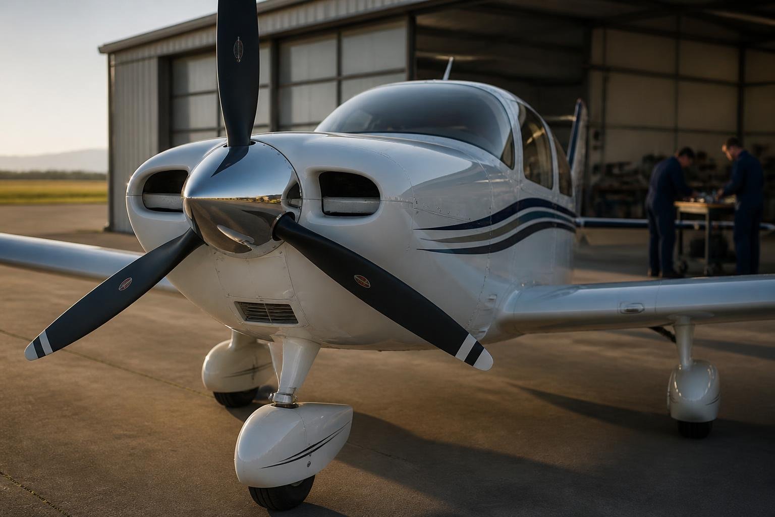 Single-engine aircraft parked near a maintenance hangar