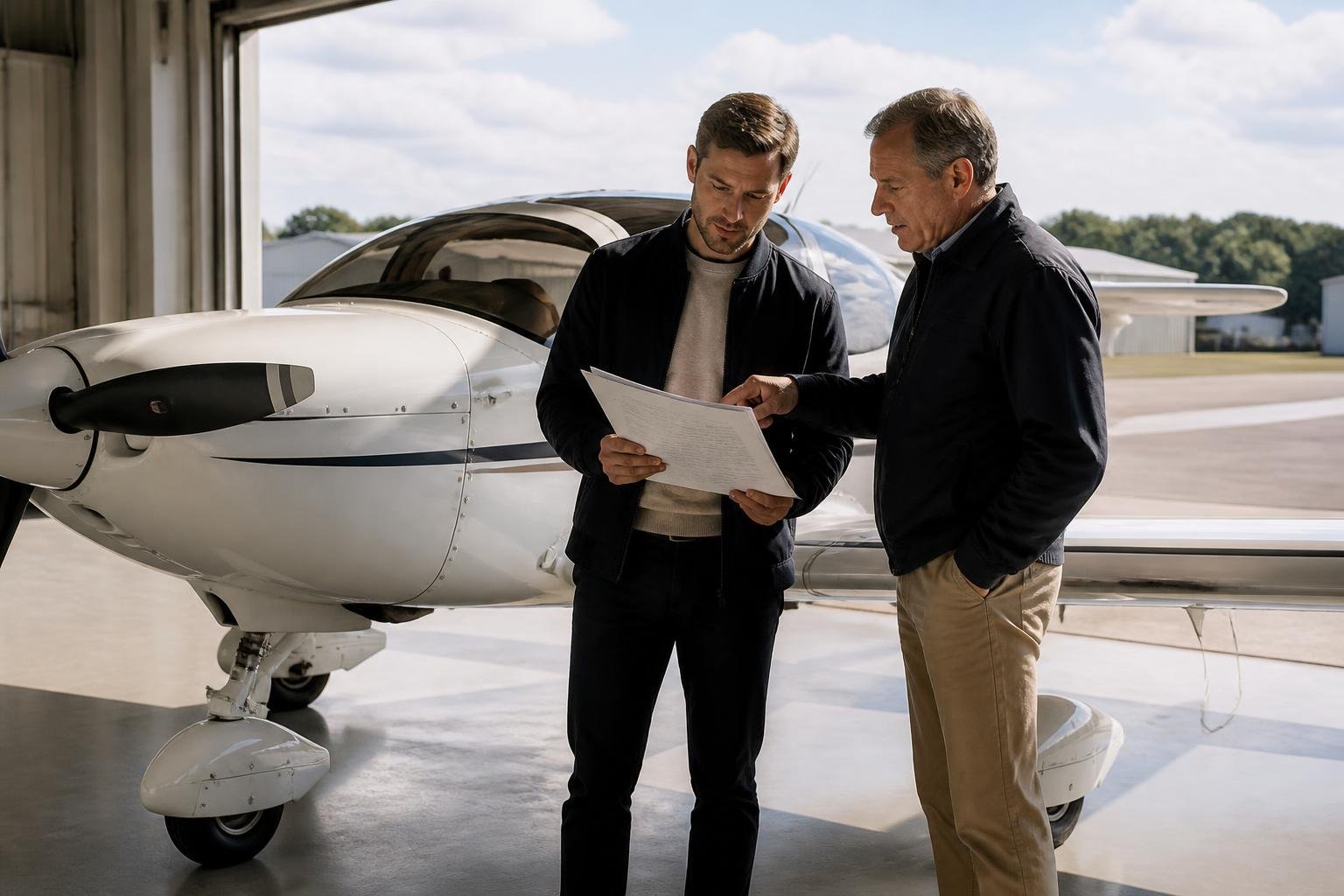 Buyer and adviser reviewing aircraft transfer documents in a hangar