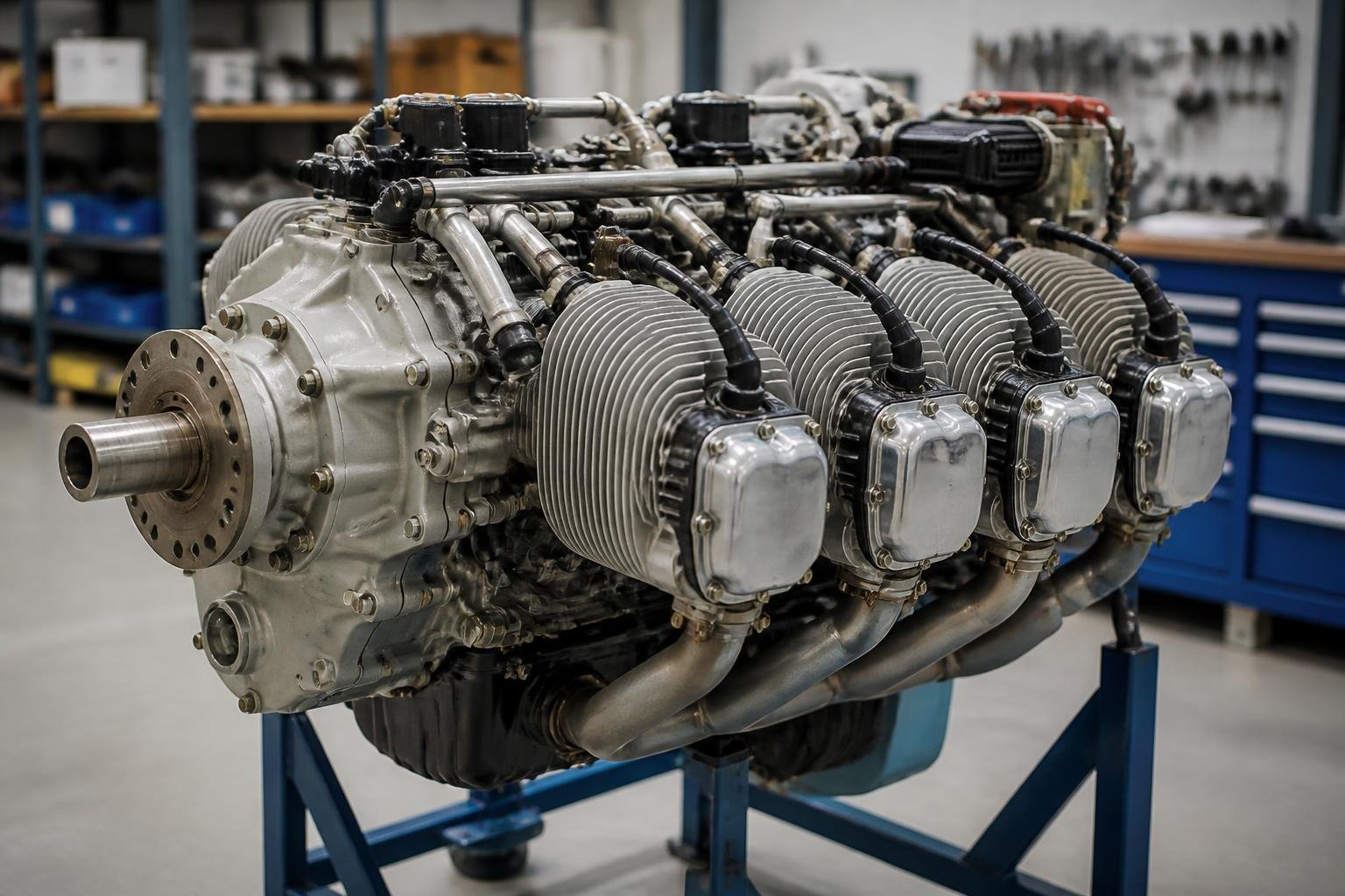 Aircraft piston engine prepared for maintenance inspection