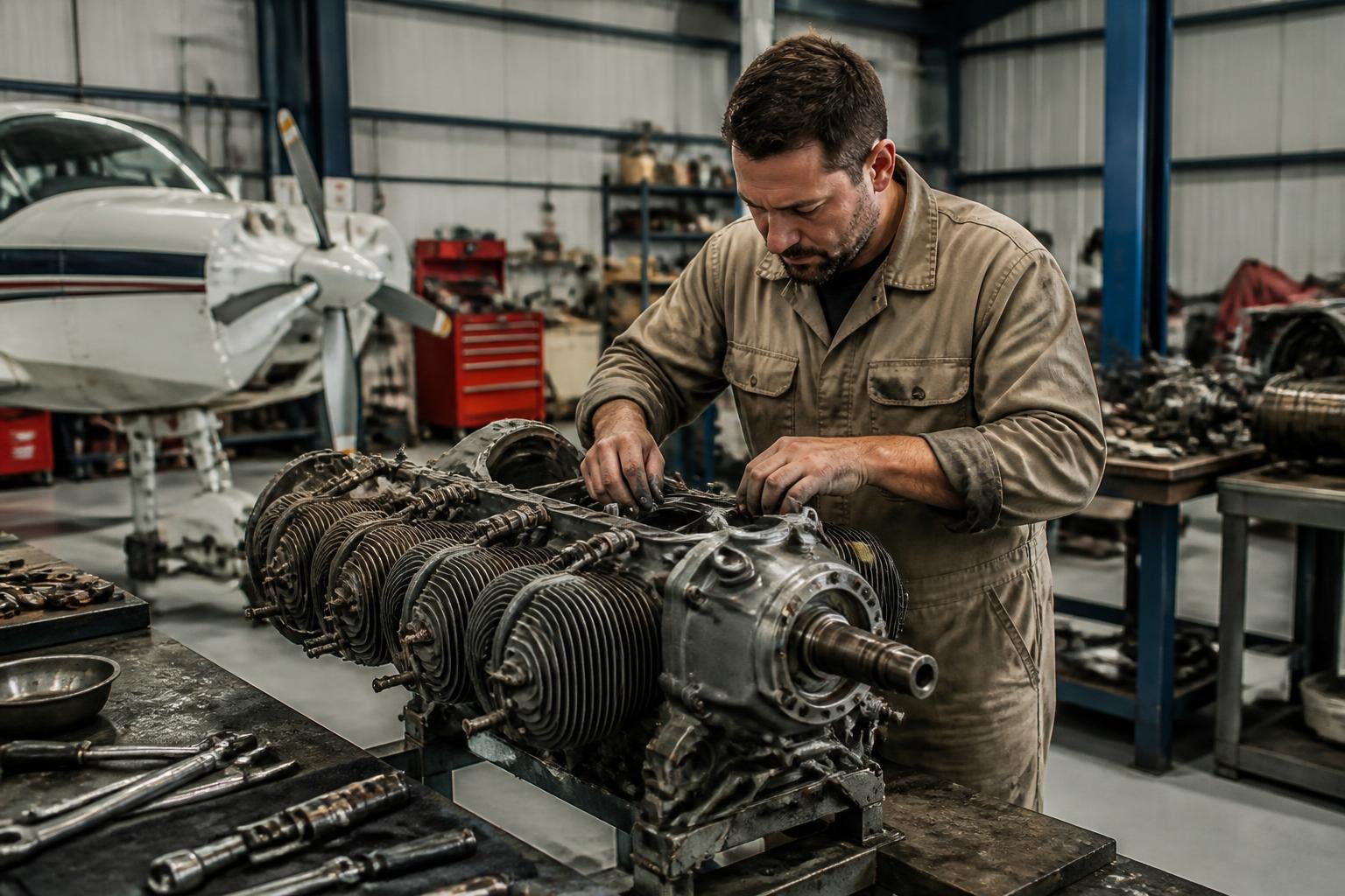 Mechanic inspecting a piston aircraft engine during overhaul