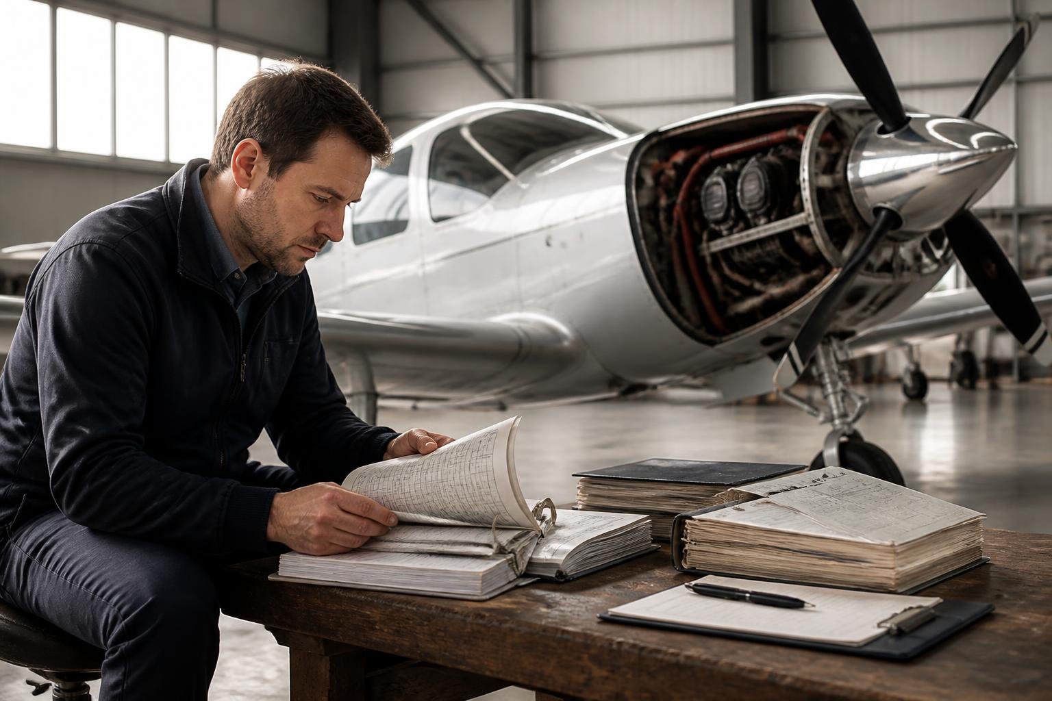 Buyer reviewing aircraft engine records in a maintenance hangar