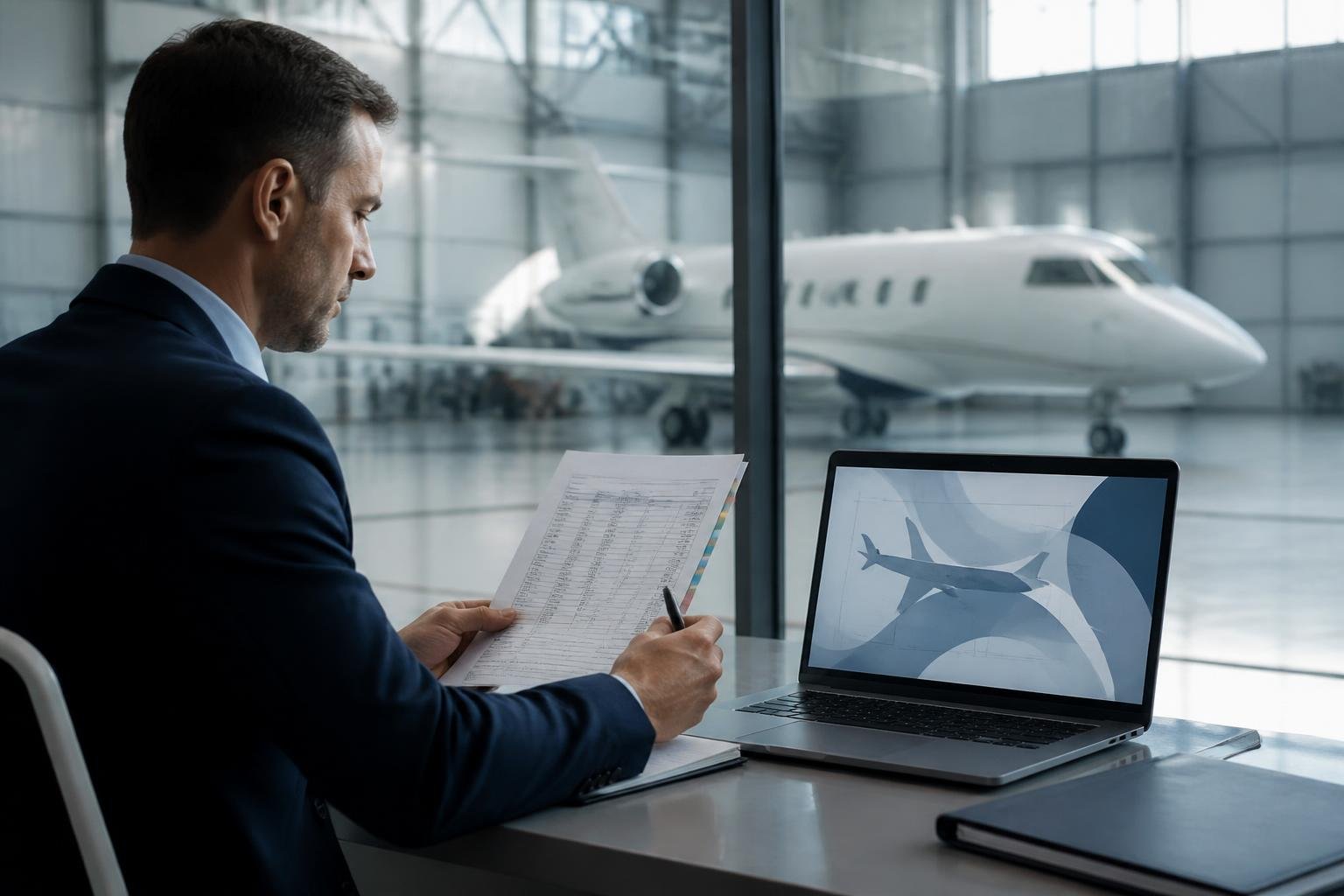 Escrow professional reviewing aircraft title records
