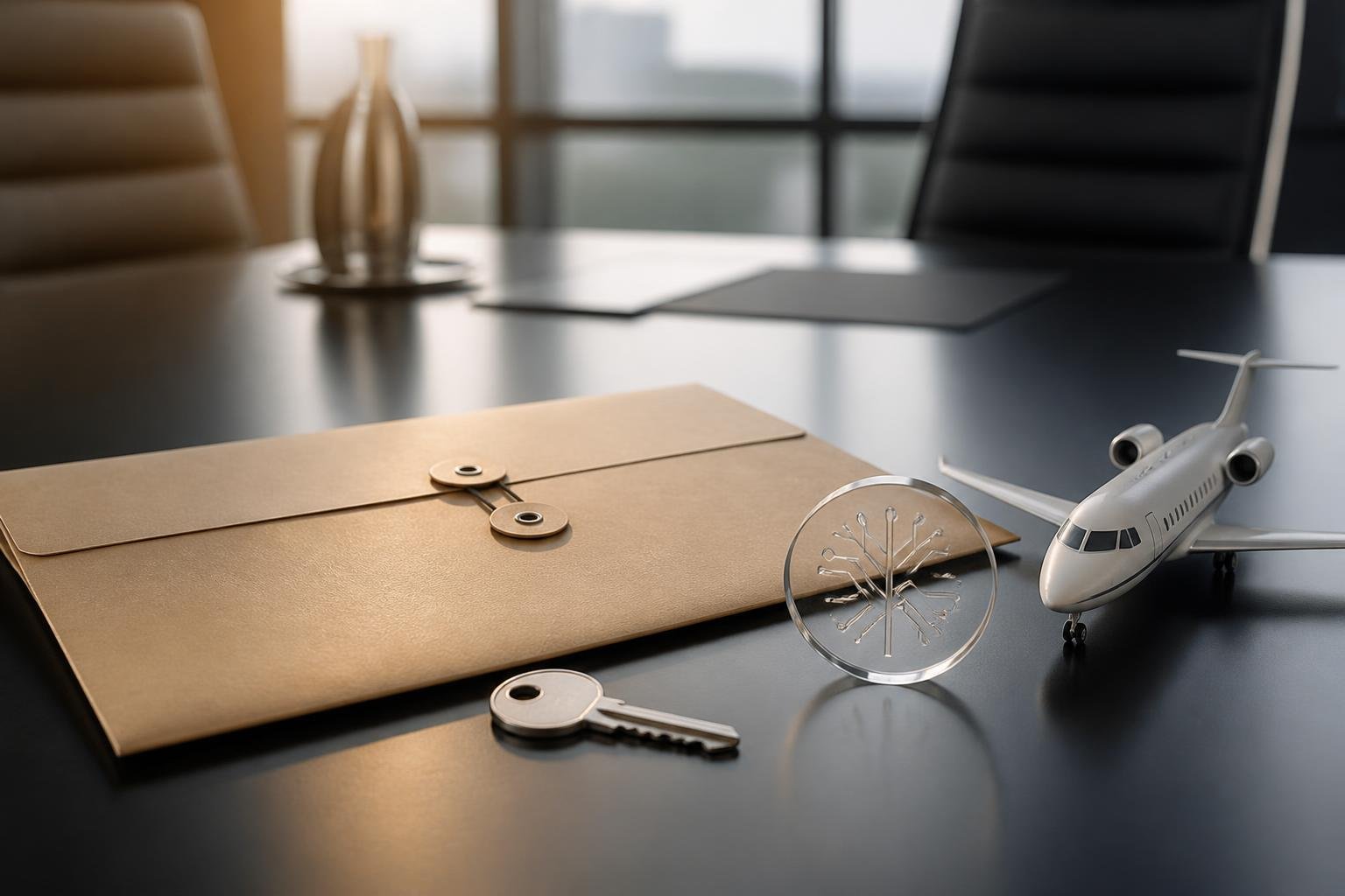 Aircraft sale closing materials arranged on a conference table