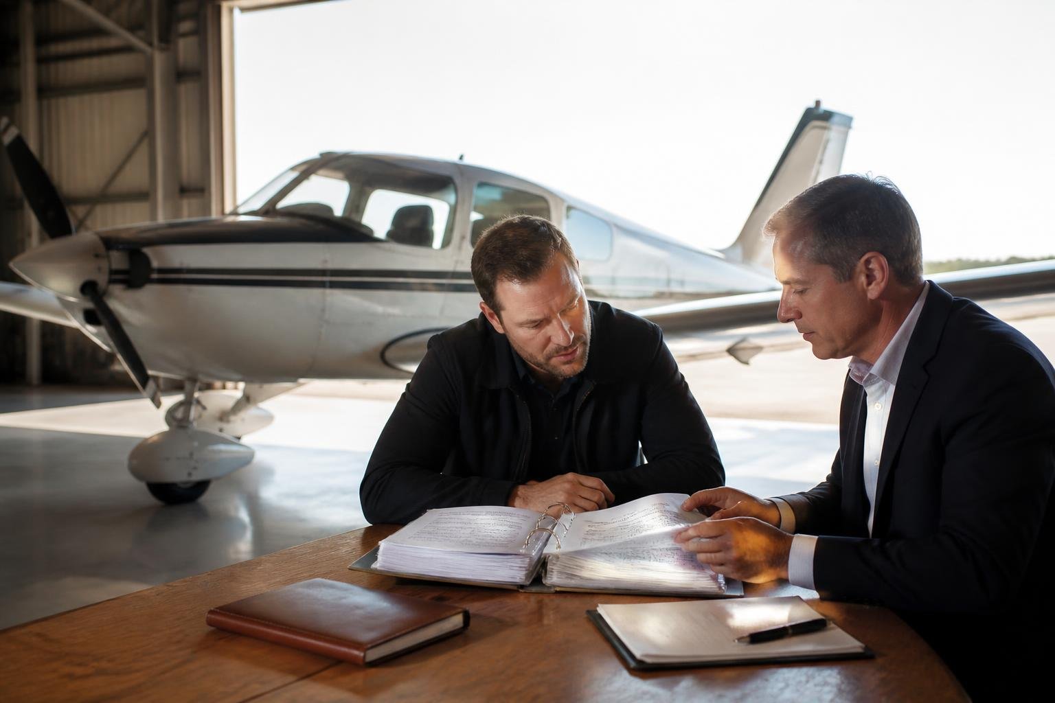 Buyer reviewing aircraft ownership records in a hangar