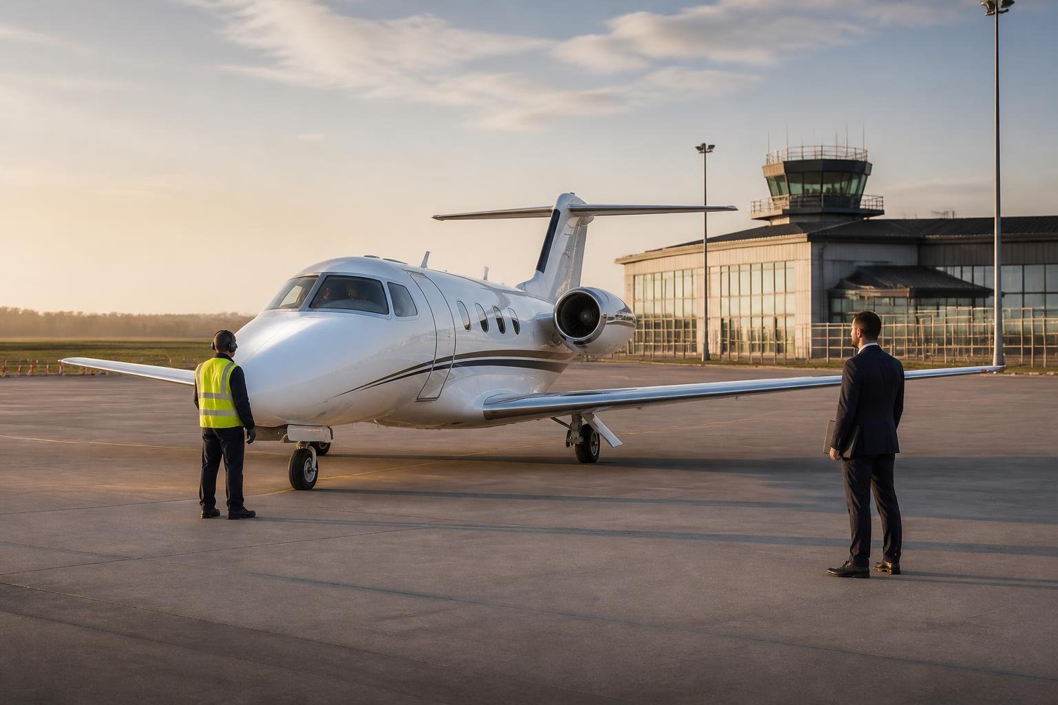 Business aircraft on a European apron during a cross-border transaction