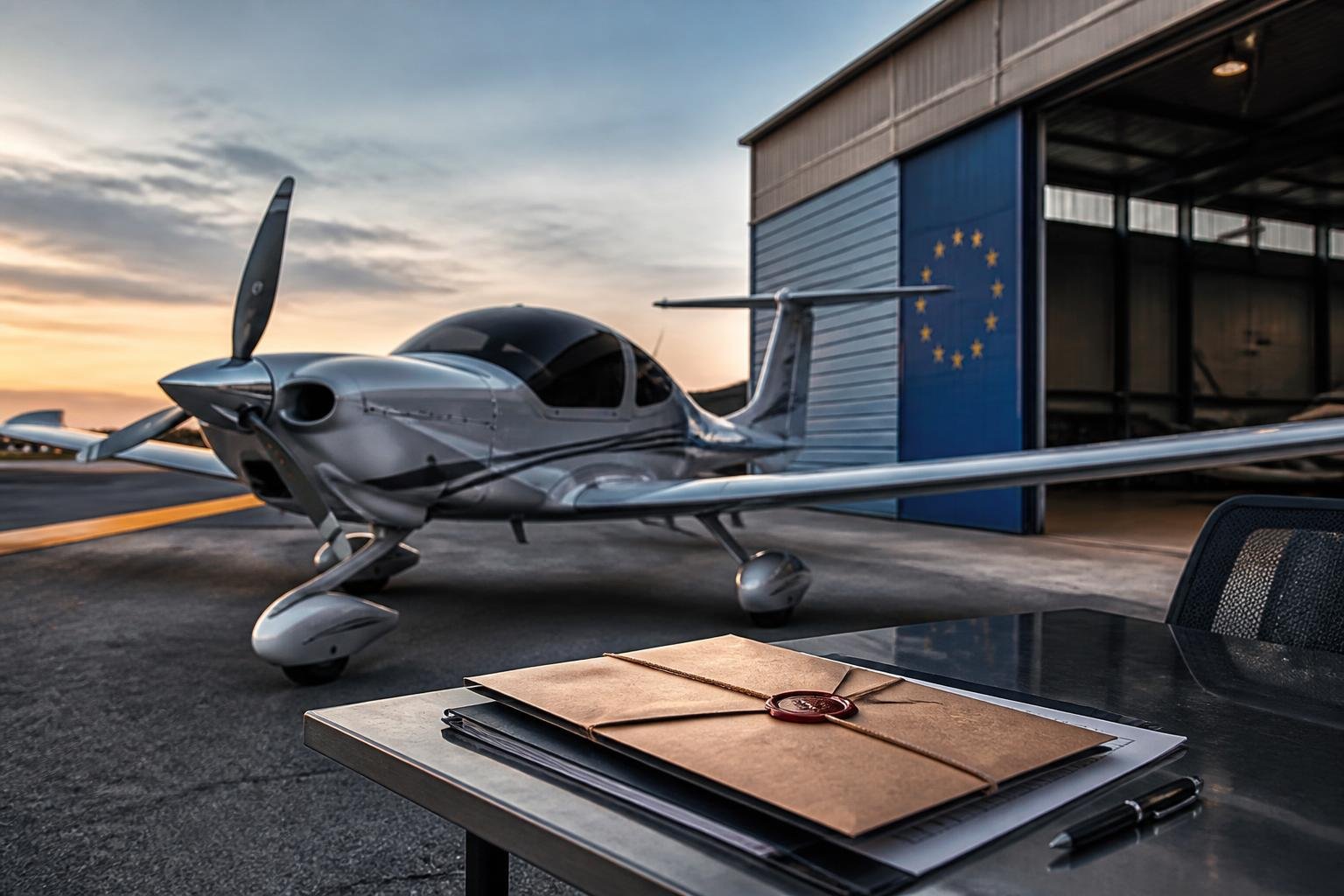 Light aircraft near a customs-area hangar with transaction paperwork