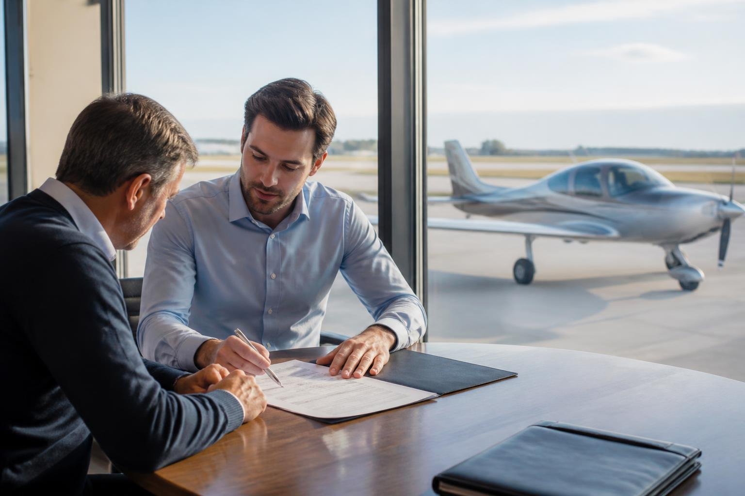Buyer and adviser reviewing aircraft purchase documents at a European airport