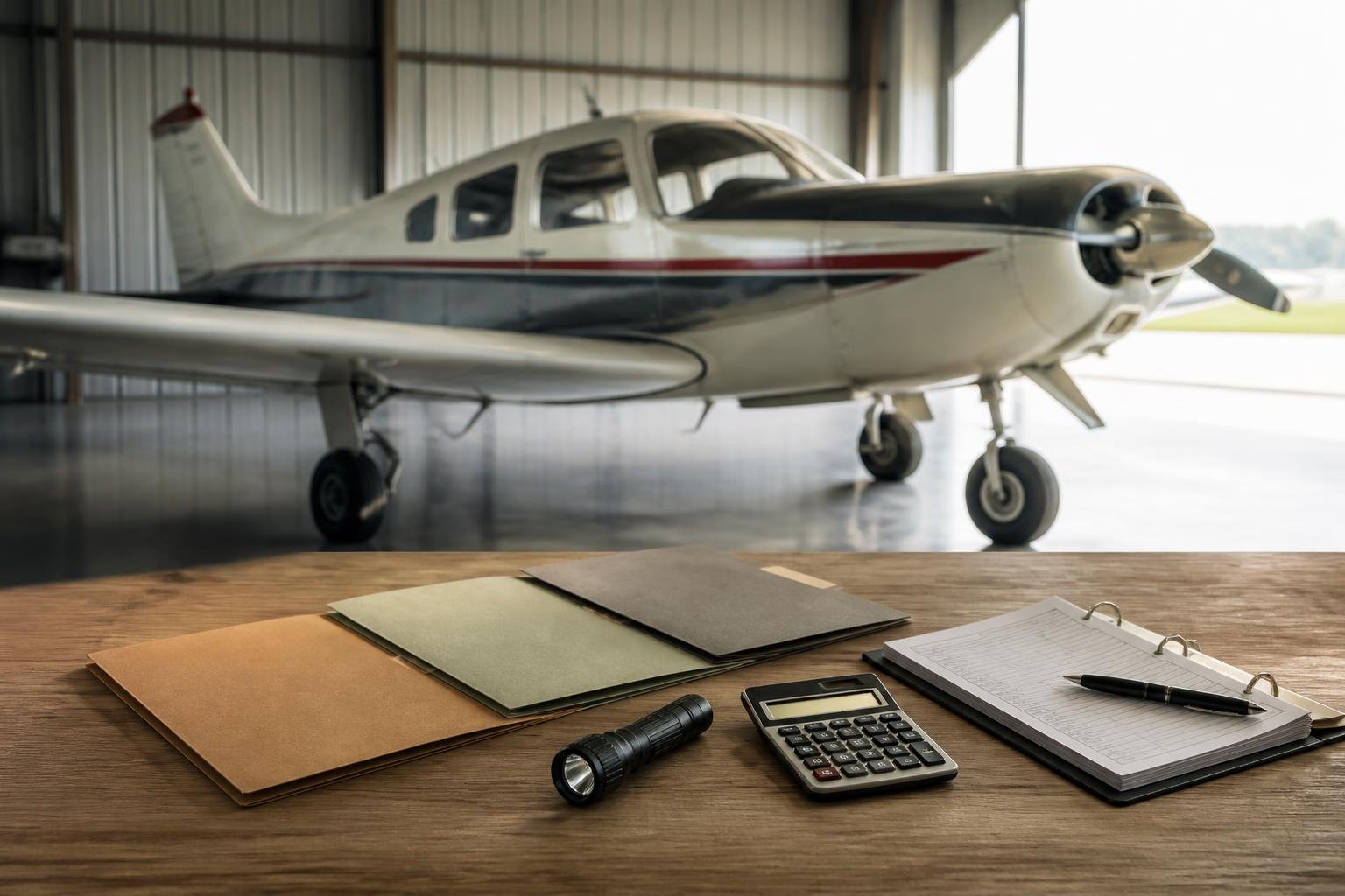 Aircraft valuation documents and inspection tools in a hangar