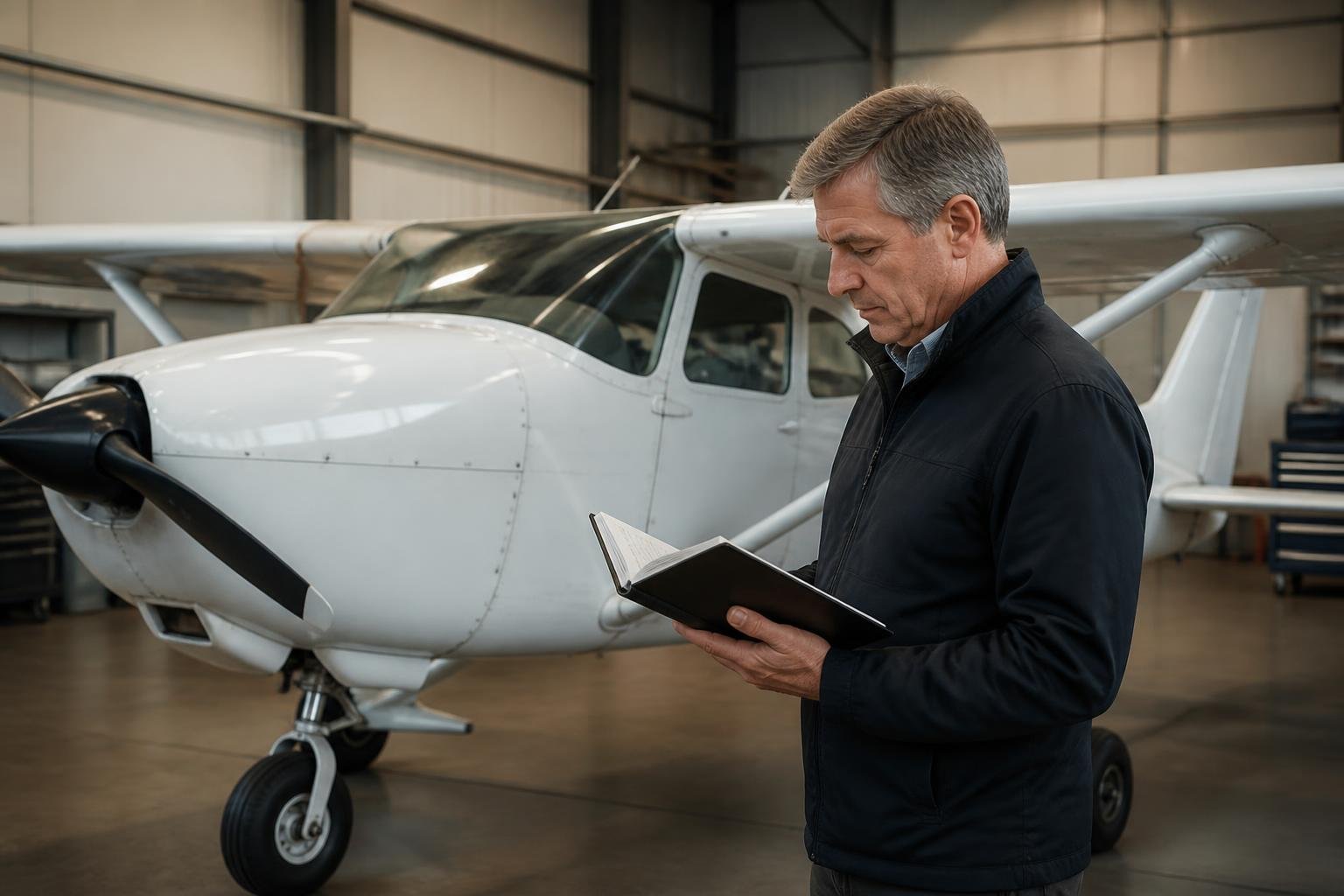 Aviation appraiser reviewing records beside a light aircraft