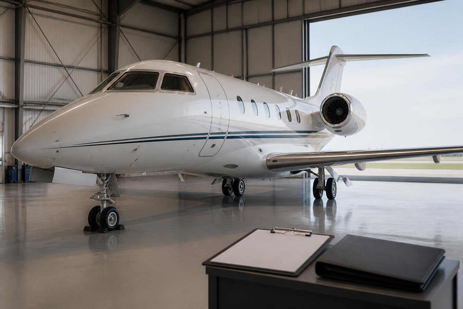 Private aircraft in a hangar beside sale paperwork