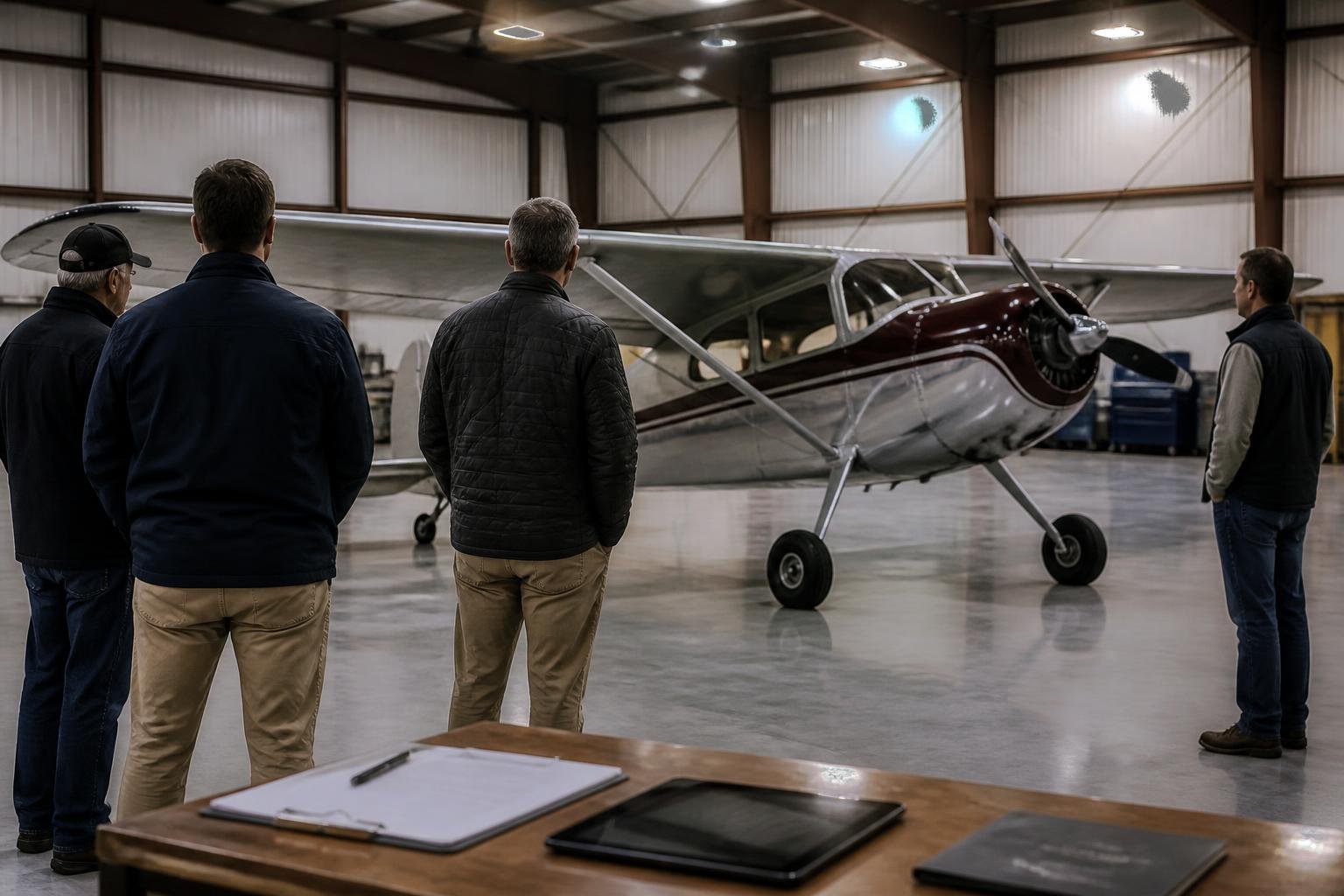 Prospective buyers viewing an aircraft at a hangar auction