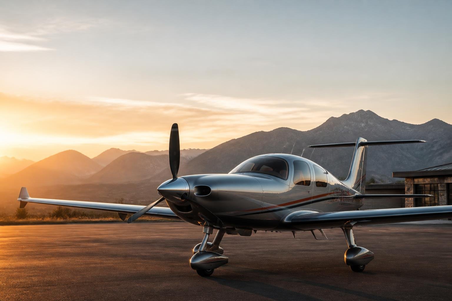 High-performance Beechcraft-style piston single on an airport ramp at sunrise