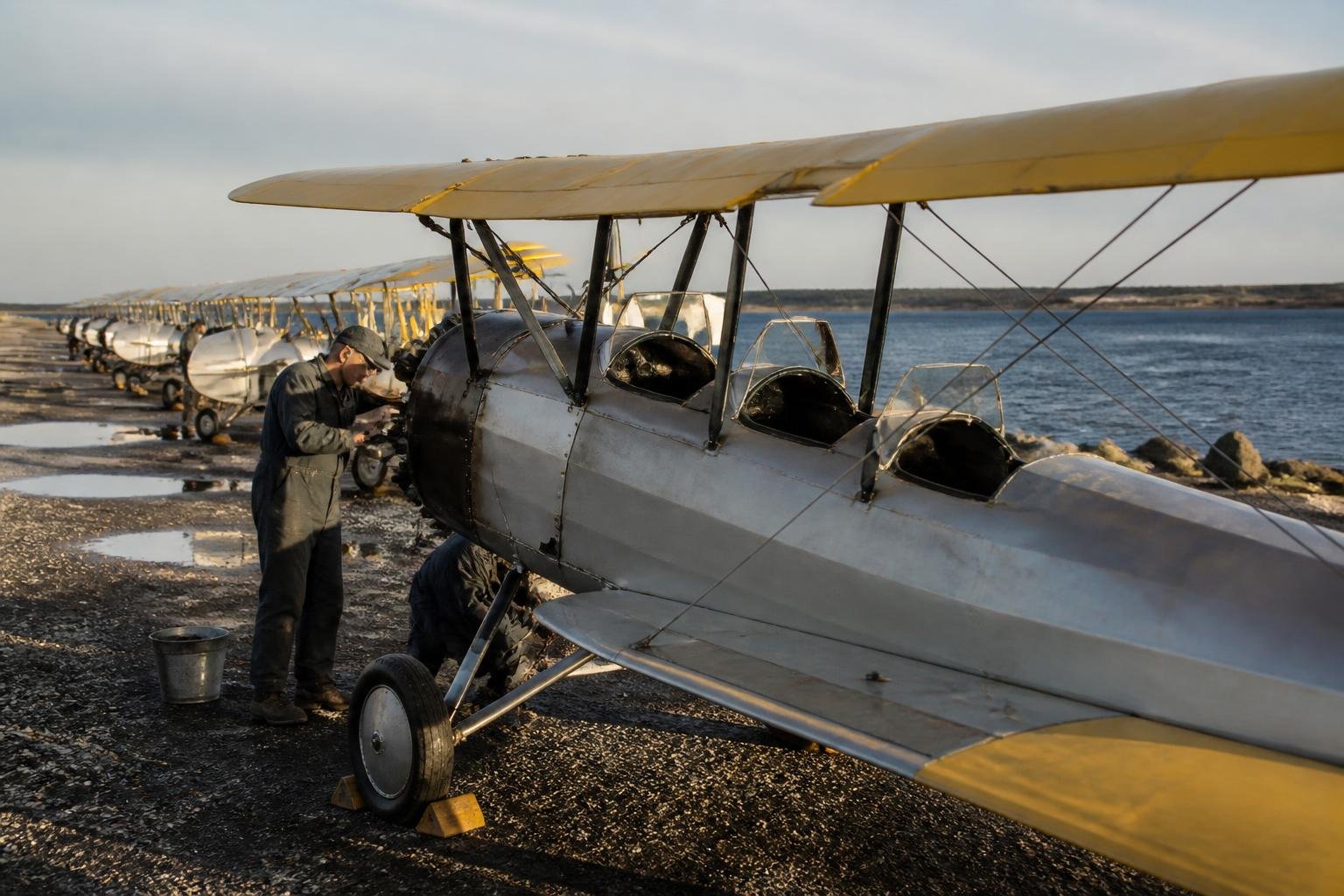 U.S. Navy Stearman trainers lined up at a wartime training field