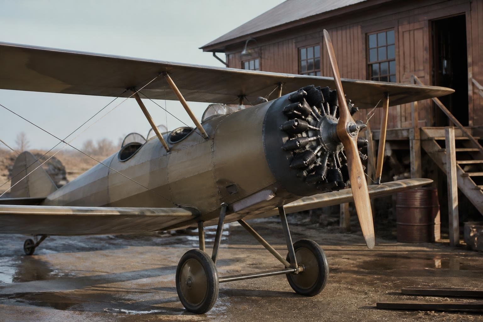 Radial-engine Boeing-Stearman trainer at a historic-style airfield