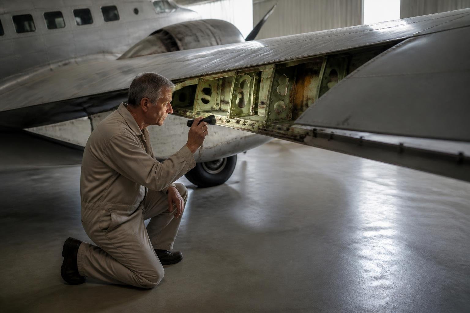 Inspector examining internal structure on a classic aircraft wing
