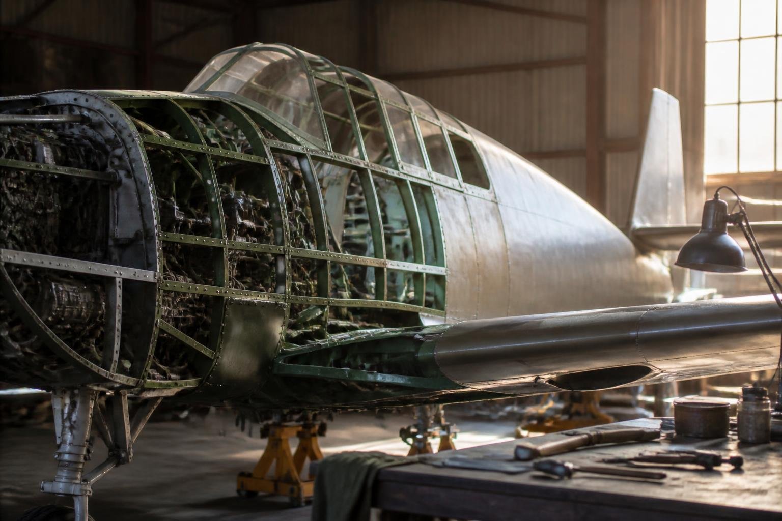 Classic aircraft fuselage during careful restoration work