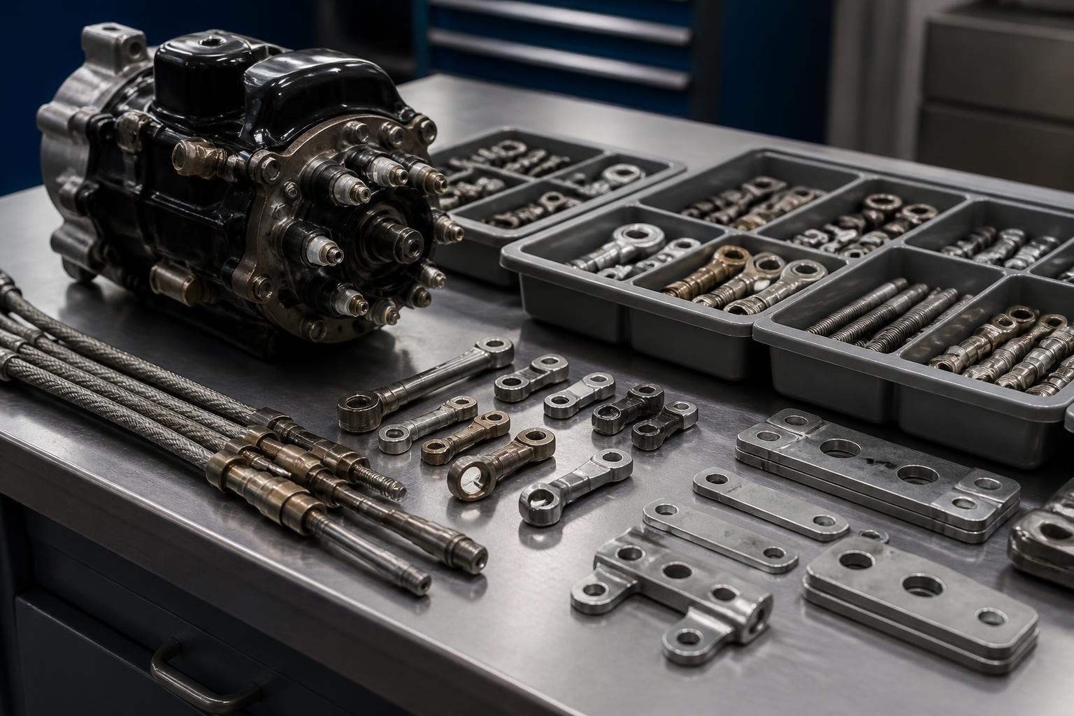Vintage aircraft components arranged on a workshop bench