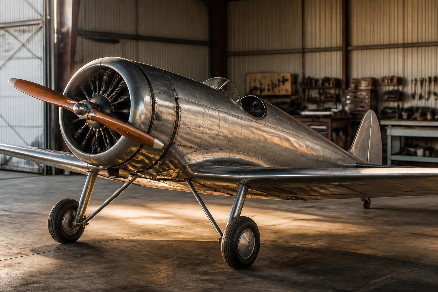 Vintage aircraft displayed in a softly lit maintenance hangar