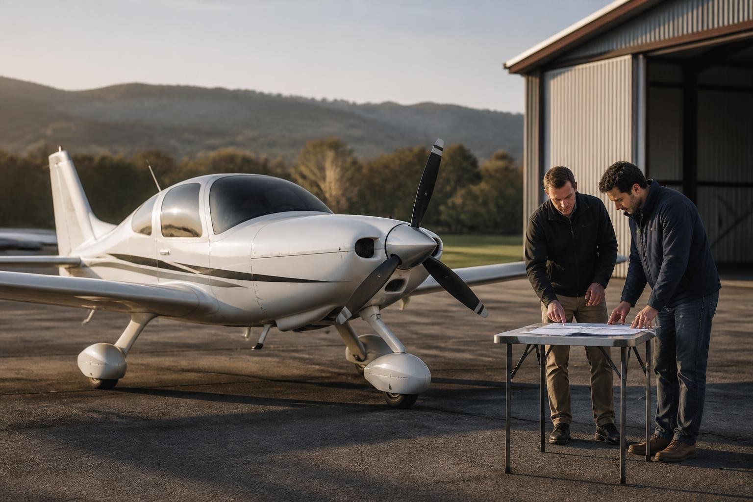 Buyer and adviser reviewing aircraft documents beside a light aircraft