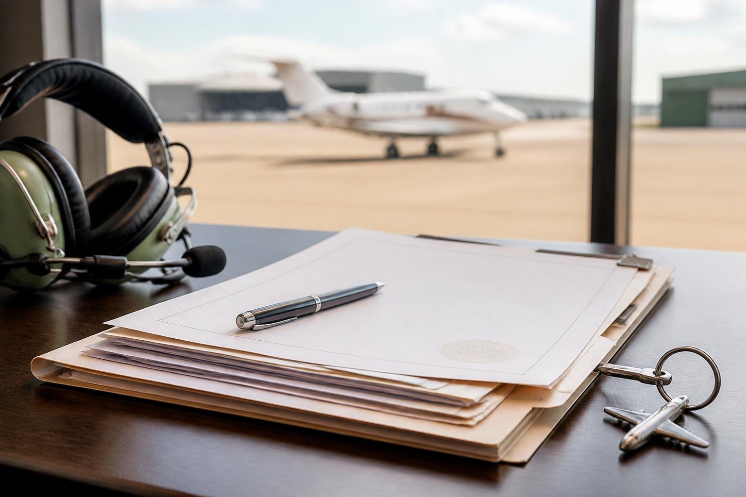 Aircraft purchase documents and pilot headset on a desk