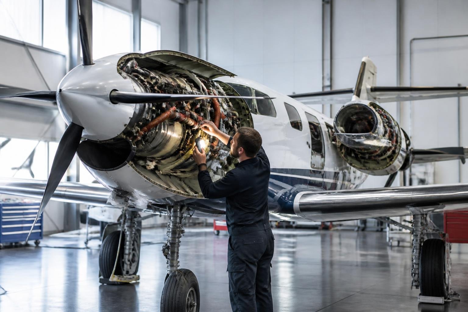 Mechanic examining engine components on a push-pull twin