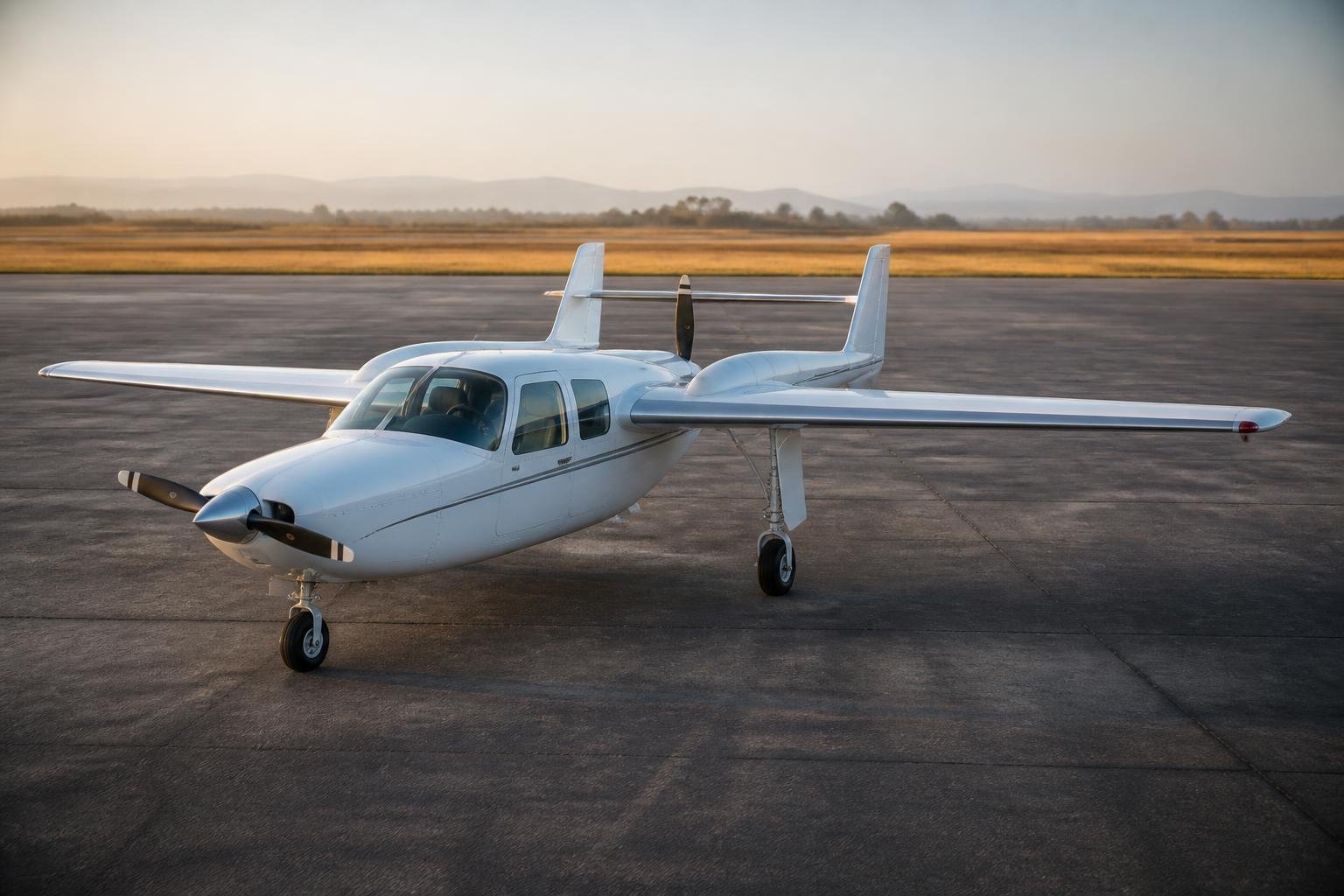 Cessna 337-style push-pull twin parked on an airport ramp