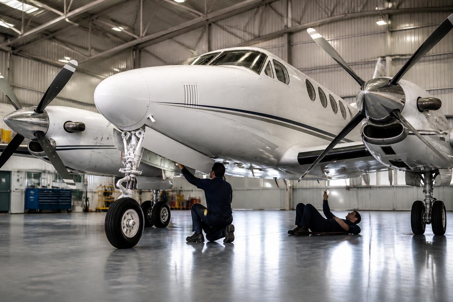 Twin-engine aircraft undergoing a detailed pre-buy inspection