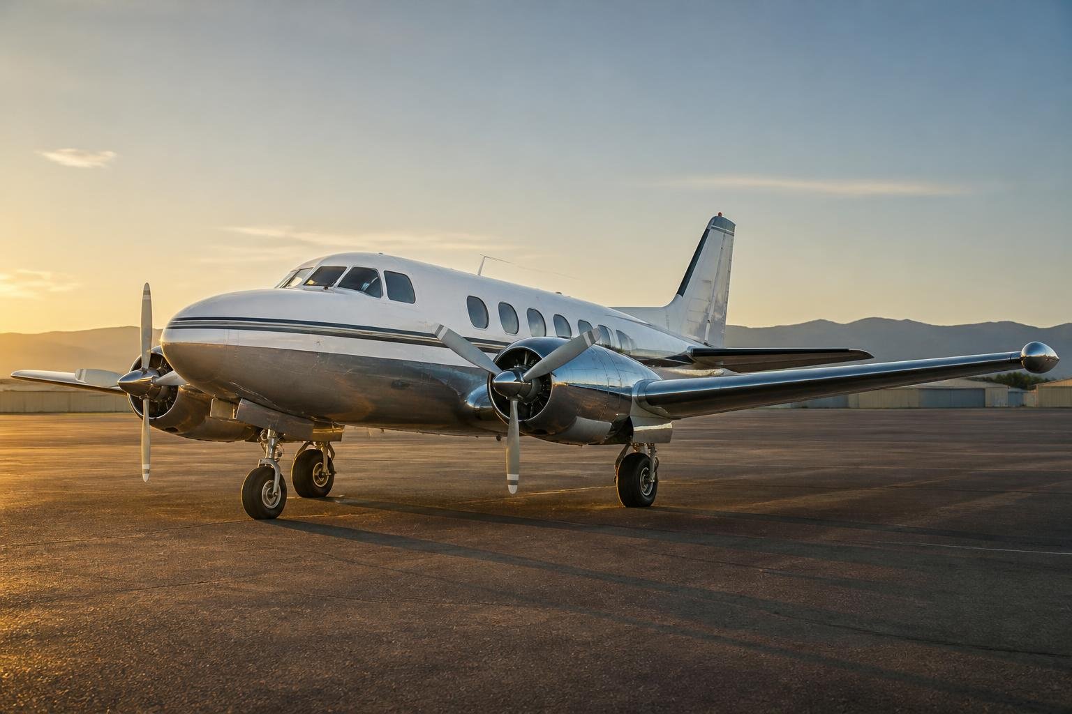 Classic pressurized twin-engine aircraft parked on an airport ramp at sunrise