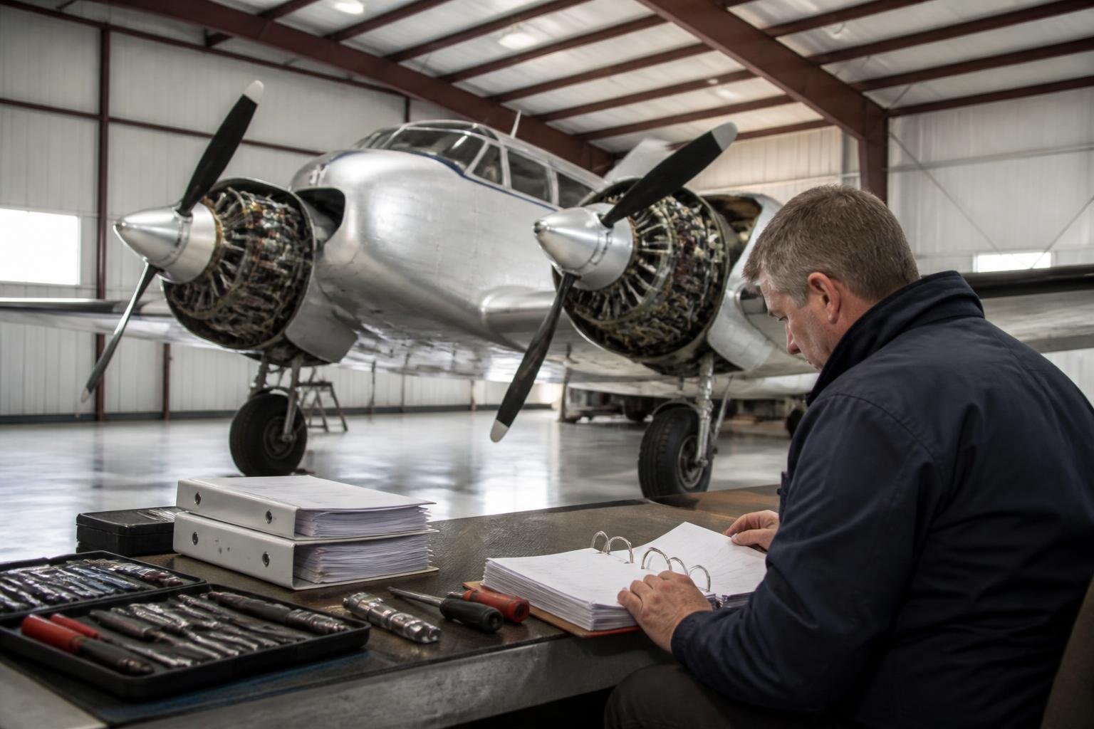 Inspector reviewing a twin-engine aircraft during a pre-purchase evaluation