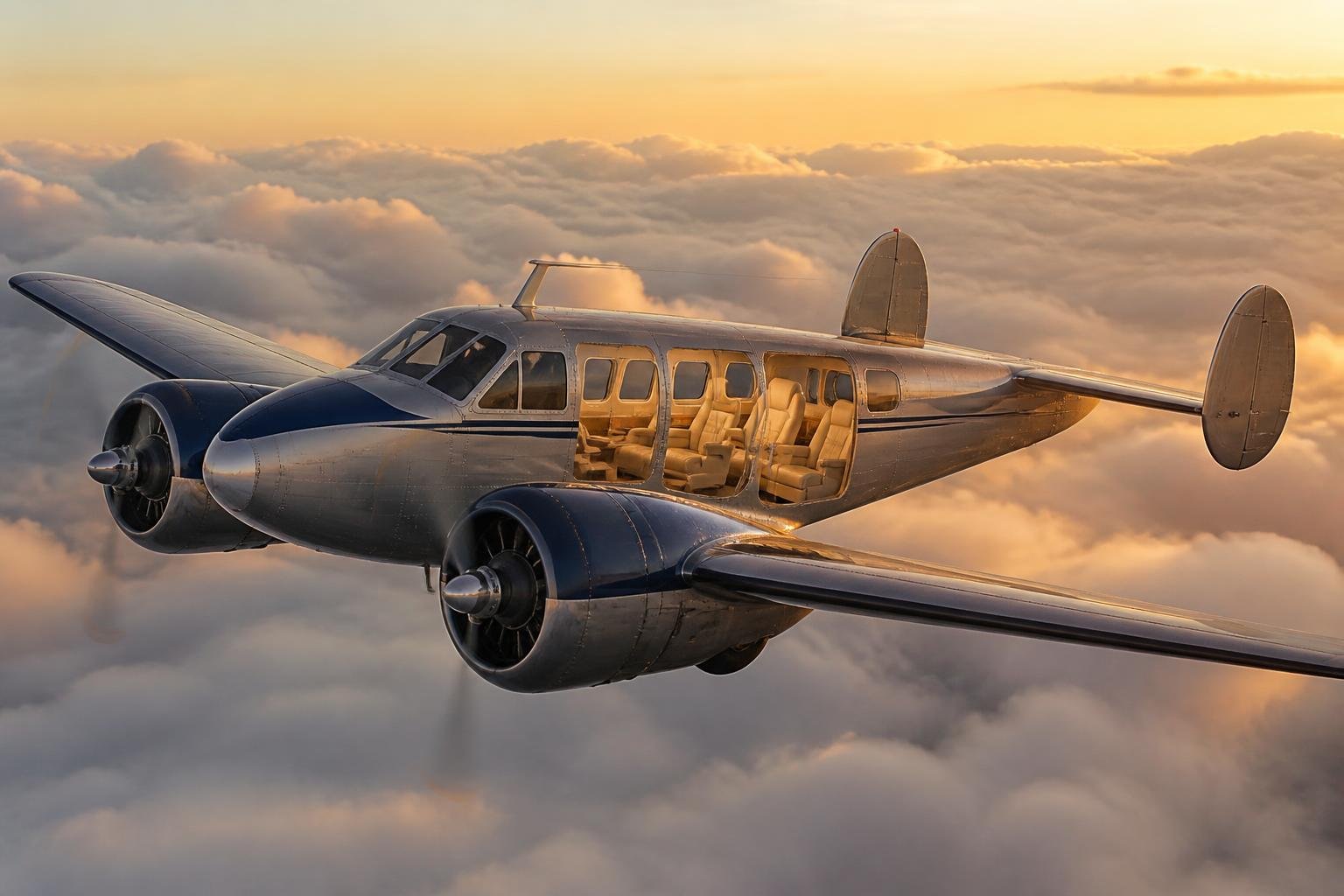 Pressurized twin-engine aircraft cruising above a cloud layer