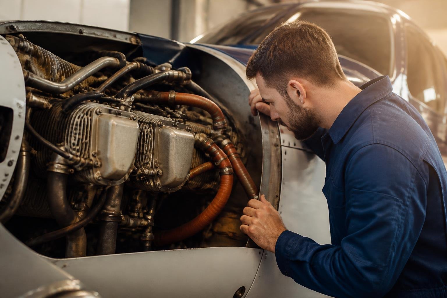 Mechanic inspecting a piston engine in a twin aircraft nacelle