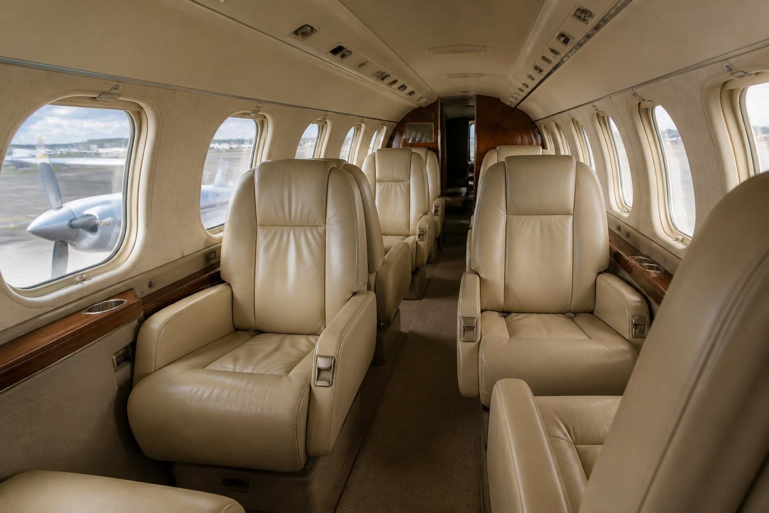 Classic pressurized twin cabin with club seating.