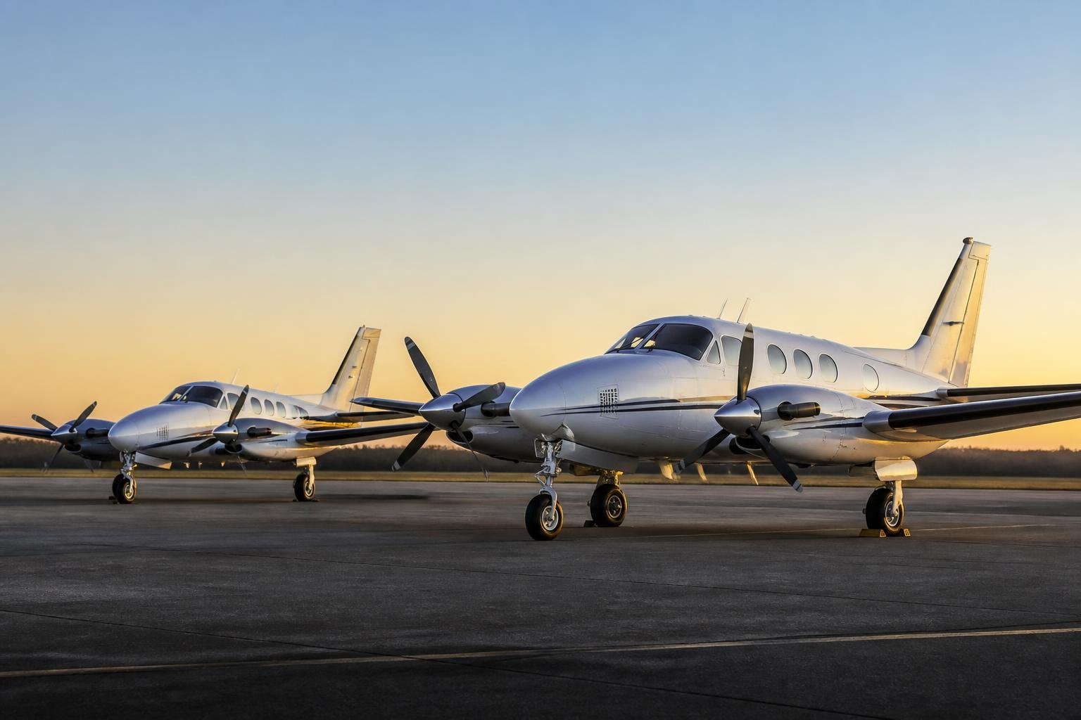 Two classic pressurized Cessna piston twins on an airport ramp.