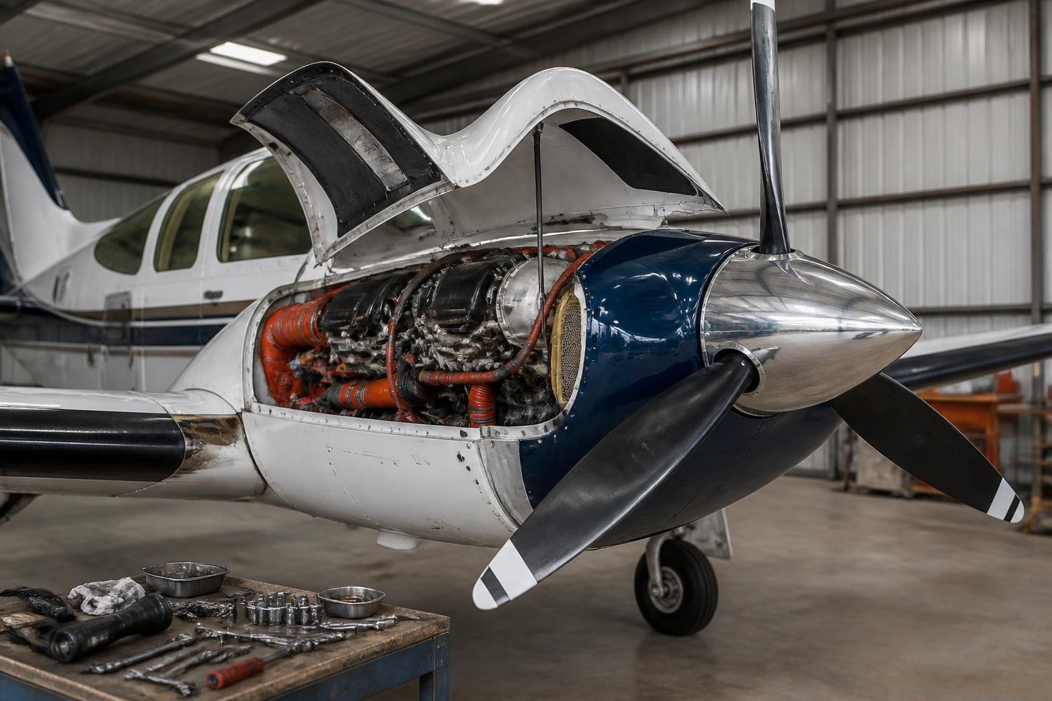 Open engine nacelle on a classic twin aircraft during maintenance.