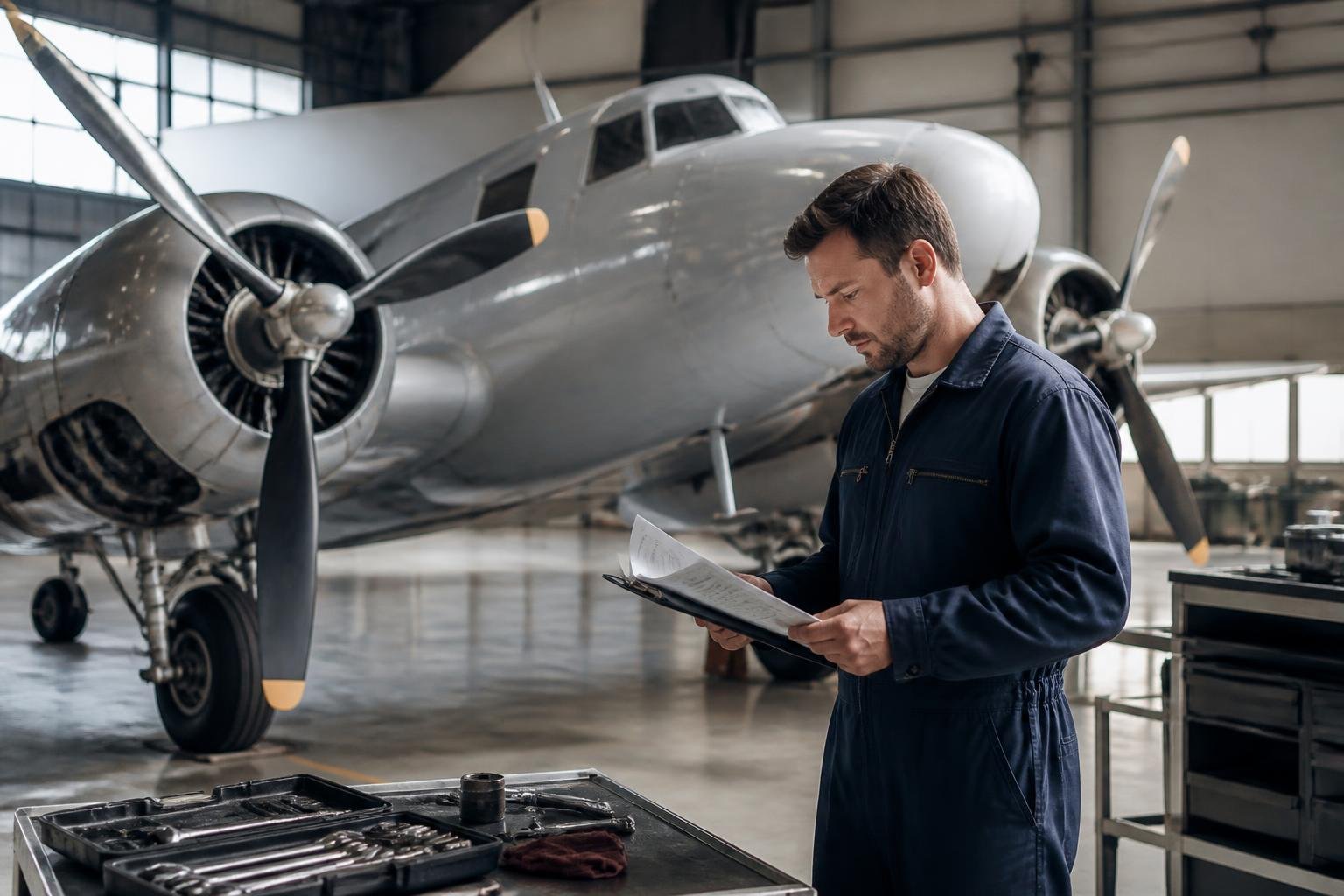Technician reviewing records during a twin-aircraft inspection.