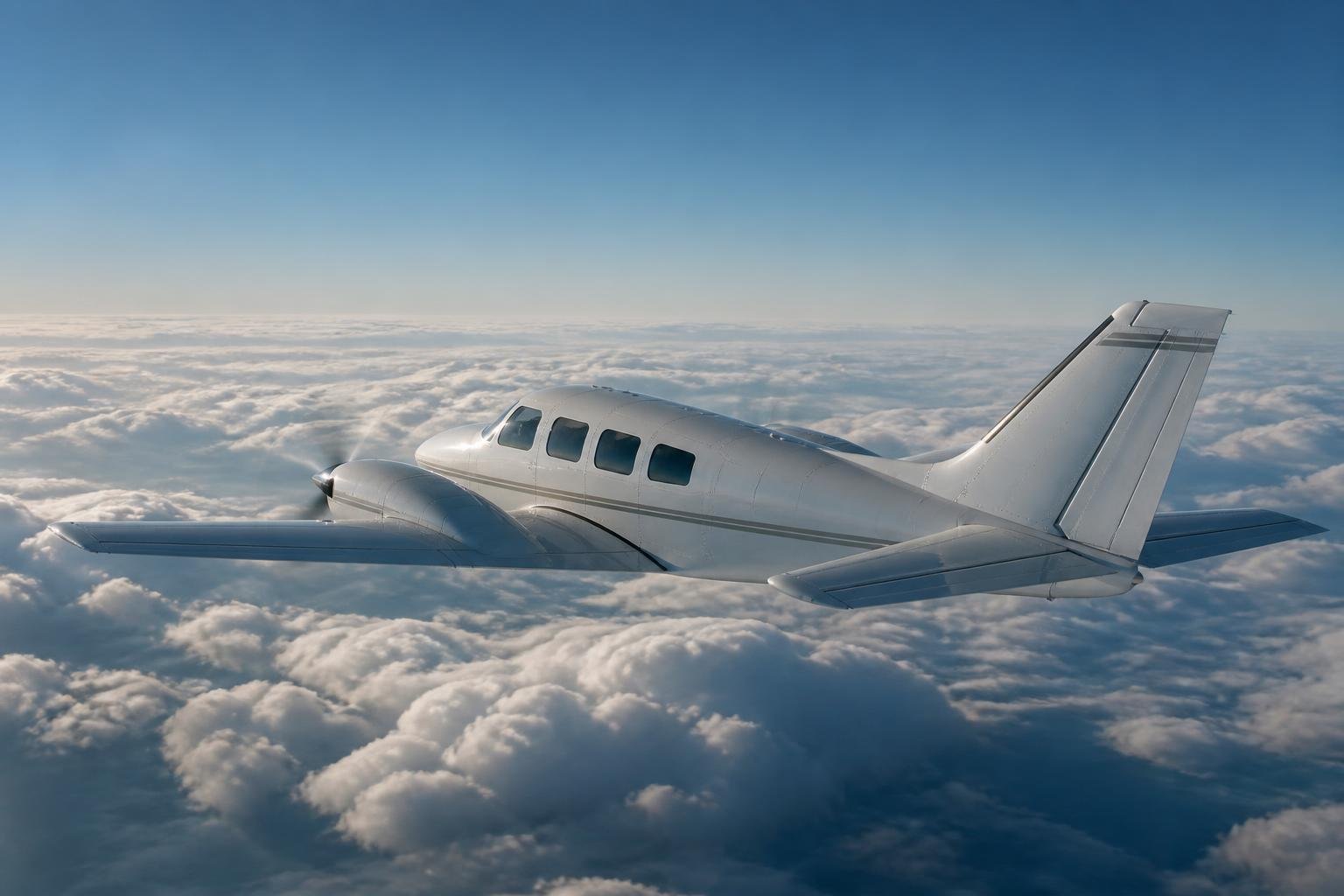 Pressurized piston twin cruising above clouds.
