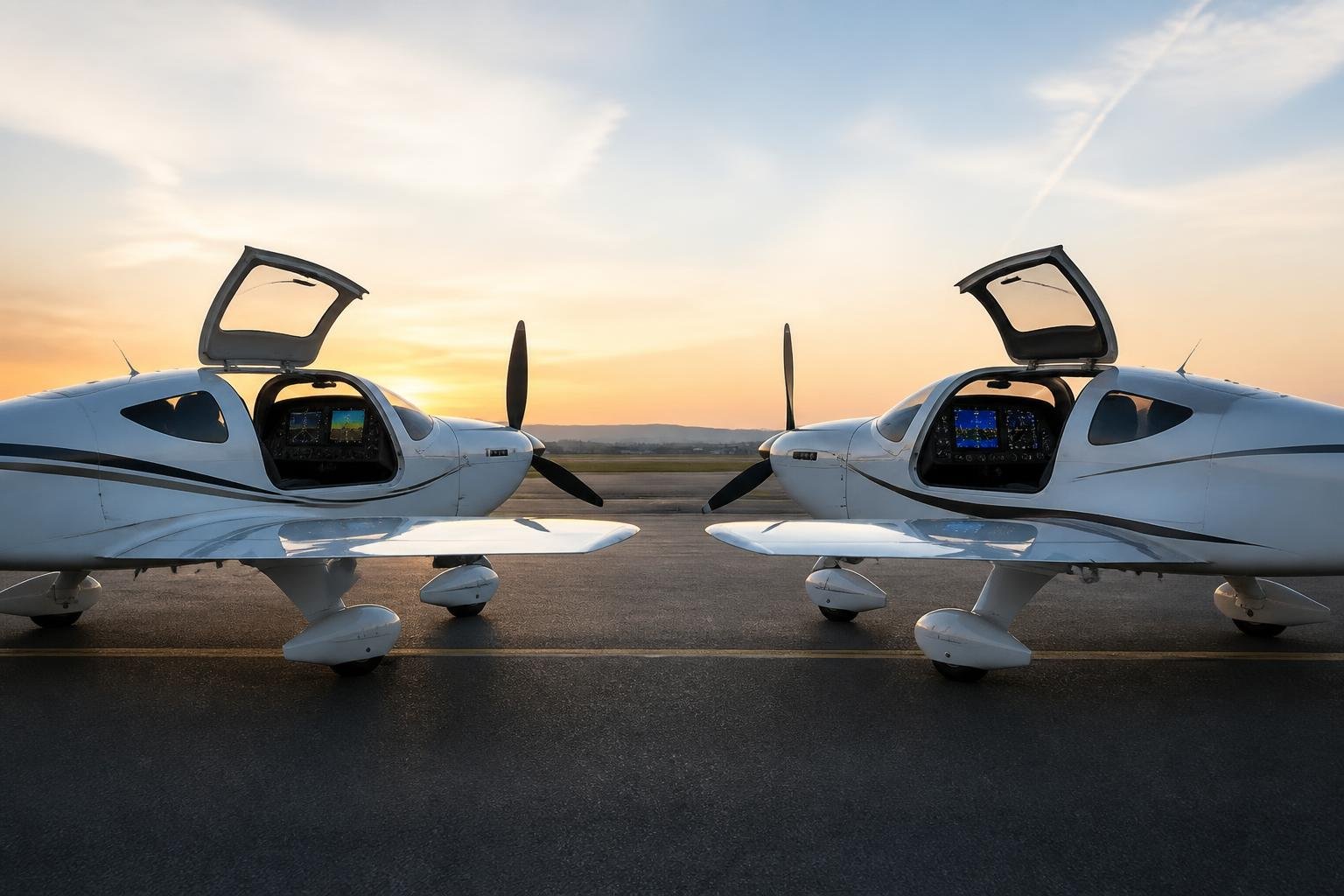 Two composite high-performance single-engine aircraft on an airport ramp
