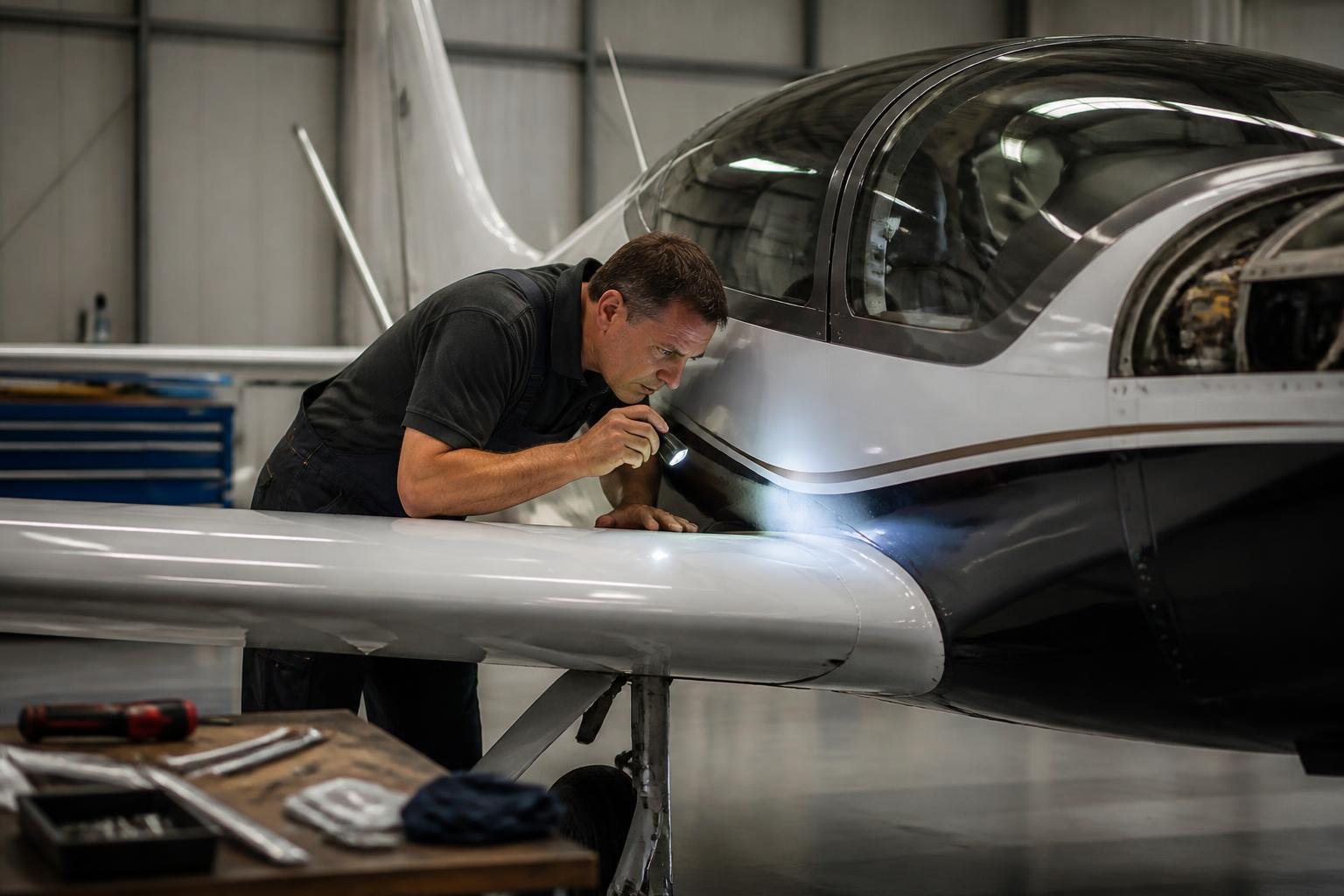 Technician inspecting a composite aircraft in a hangar