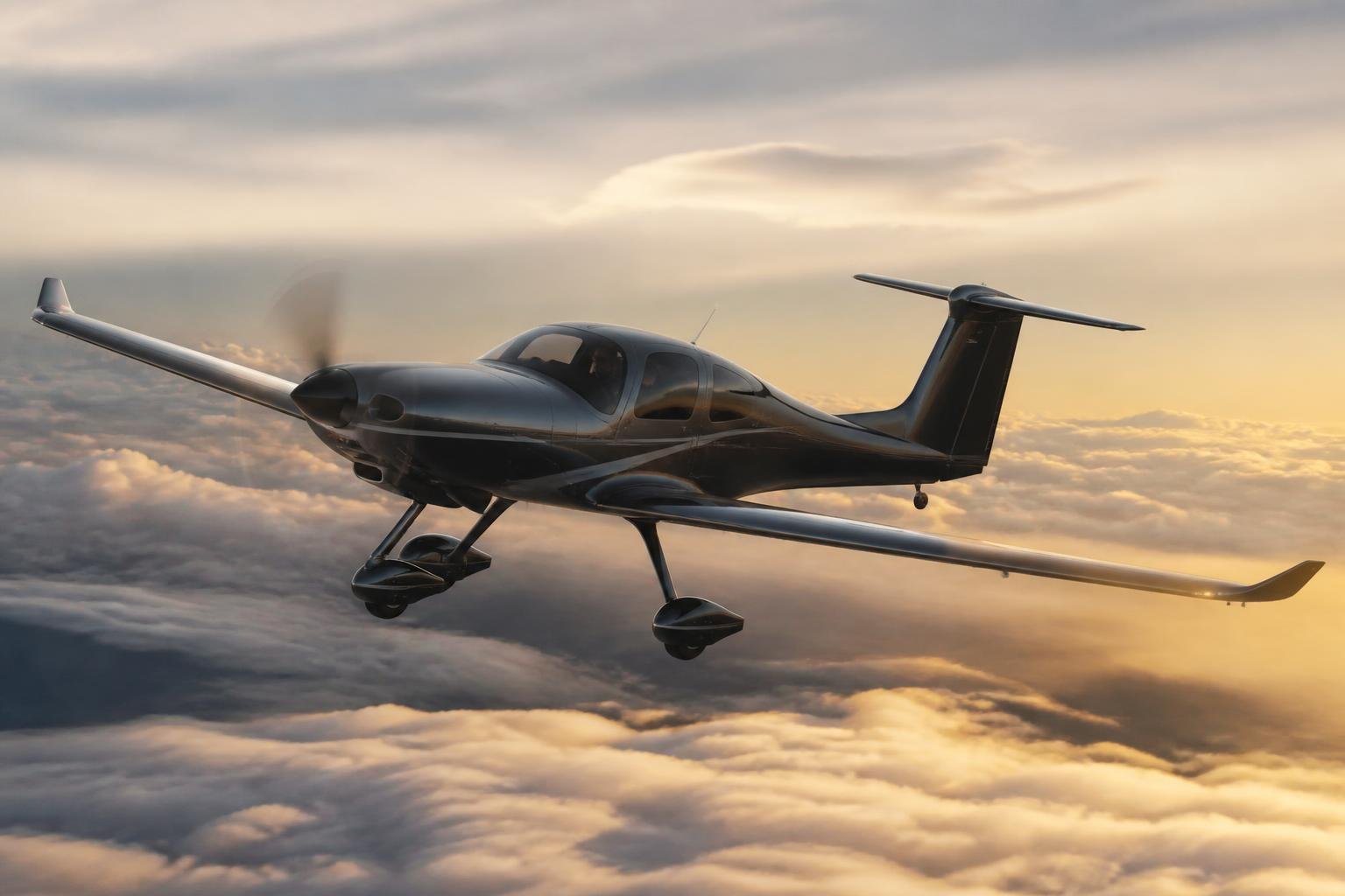 Composite high-performance piston aircraft climbing above clouds