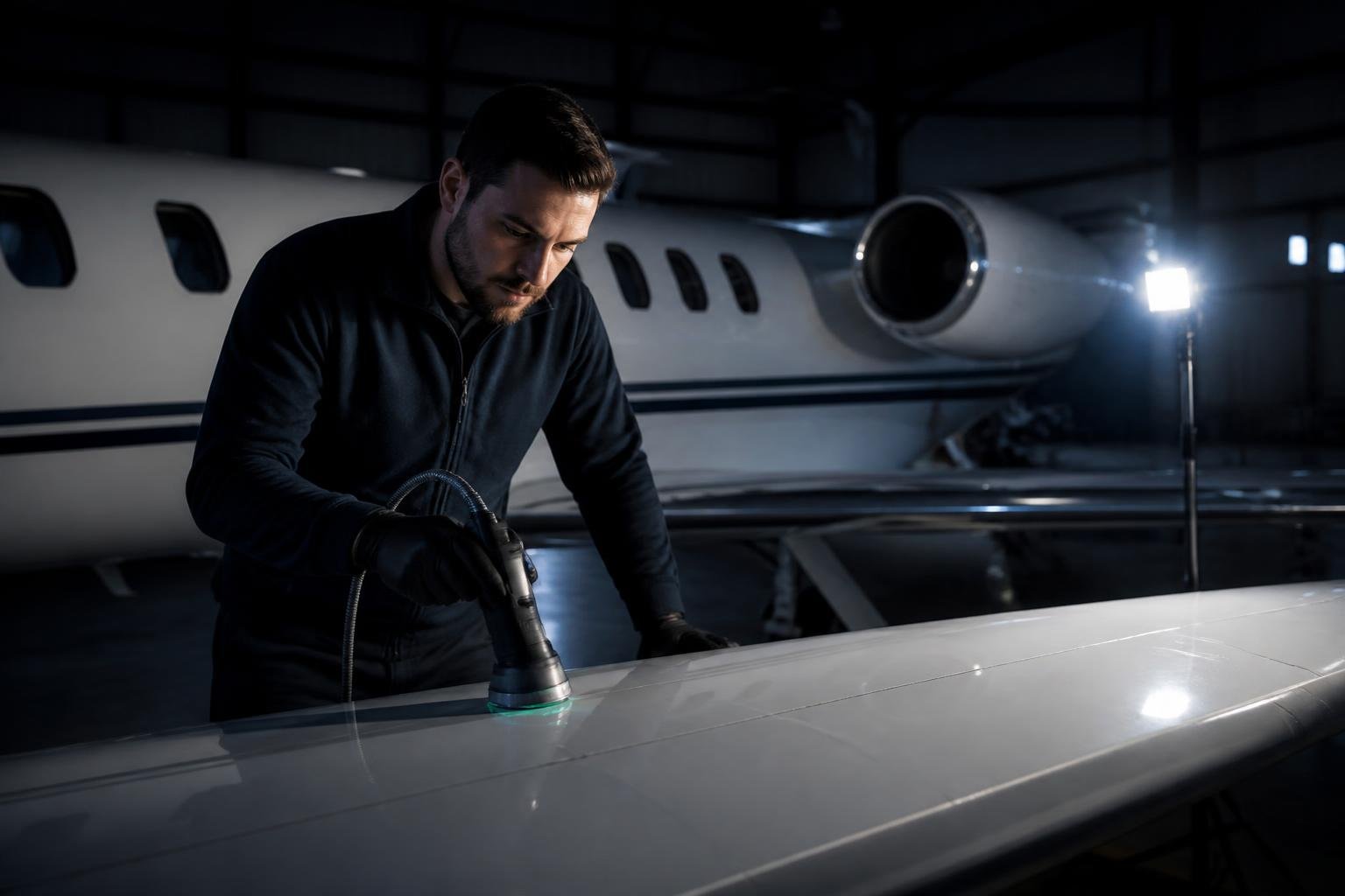 Specialist carrying out non-destructive testing on a composite wing