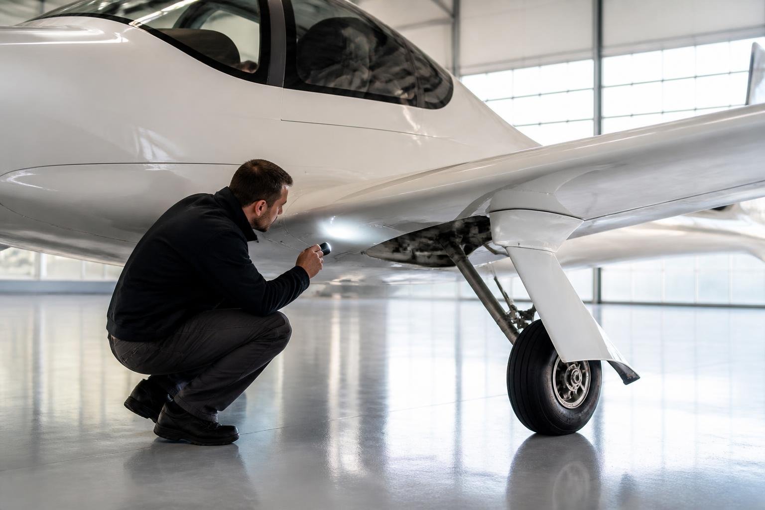 Inspector examining composite aircraft wing root and landing gear area